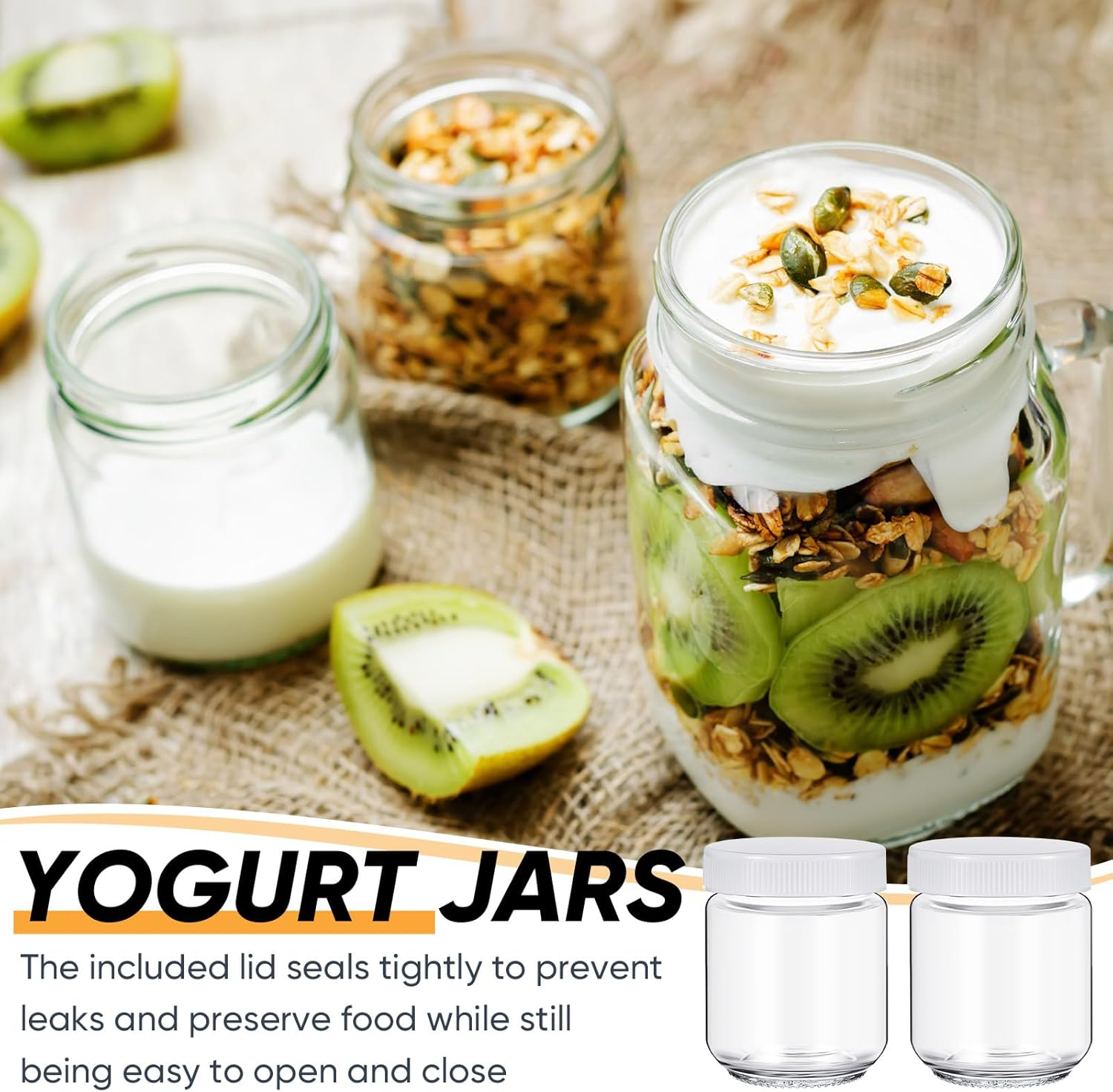 16 tarros de vidrio transparente con tapas de plástico para yogur, tarros de vidrio reutilizables para conservas de yogur, tarros de yogur para