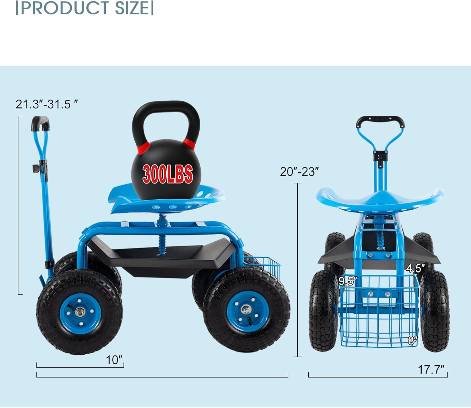 Carrito de herramientas de jardín con asiento resistente con asa y almacenamiento para personas mayores, carrito de jardín con ruedas, azul