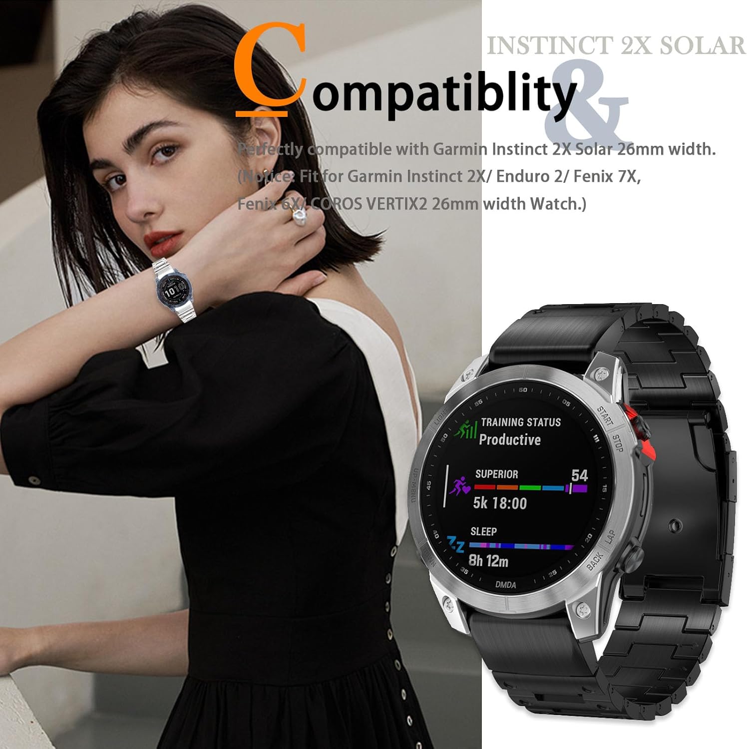 Miimall Compatible con Garmin Instinct 2X Solar Band Metal, 1.024 in liberación rápida Acero inoxidable Pulsera ajustable de repuesto de metal de