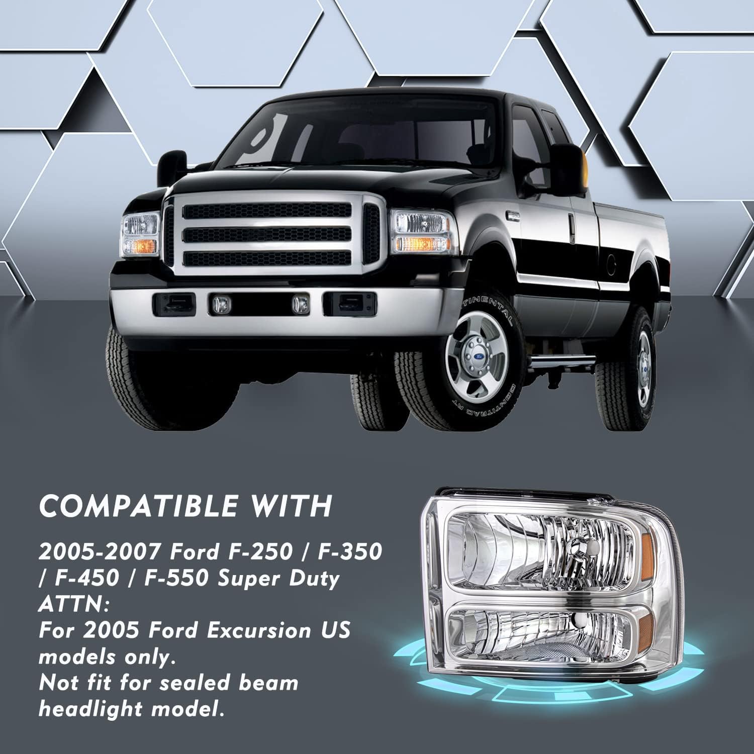Juego de montaje de faros delanteros para Ford F250 F350 F450 F550 Super Duty 2005 Ford Excursion Driver Passenger Side 2005, carcasa cromada con