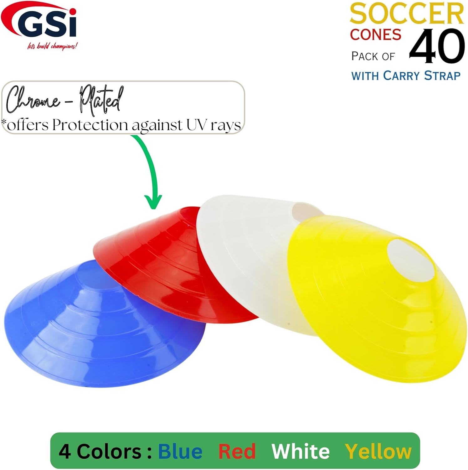 GSi Conos de fútbol regulares, paquete de 40, conos de 7 pulgadas de diámetro en 4 colores, viene con correa para el hombro, para ejercicios de