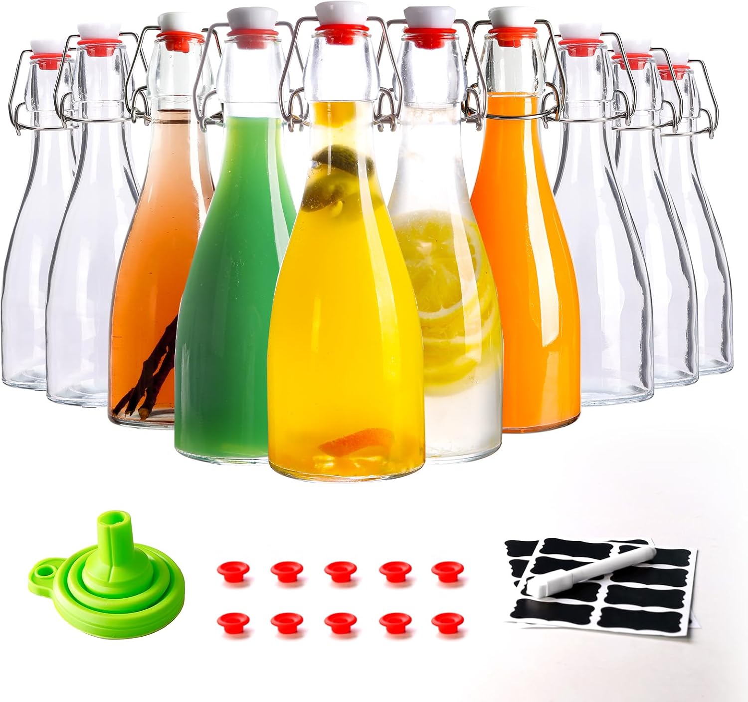 Botella de vidrio transparente con tapa abatible para tapas herméticas, paquete de 10 botellas de cerveza de 12 onzas con tapas abatibles, kombucha
