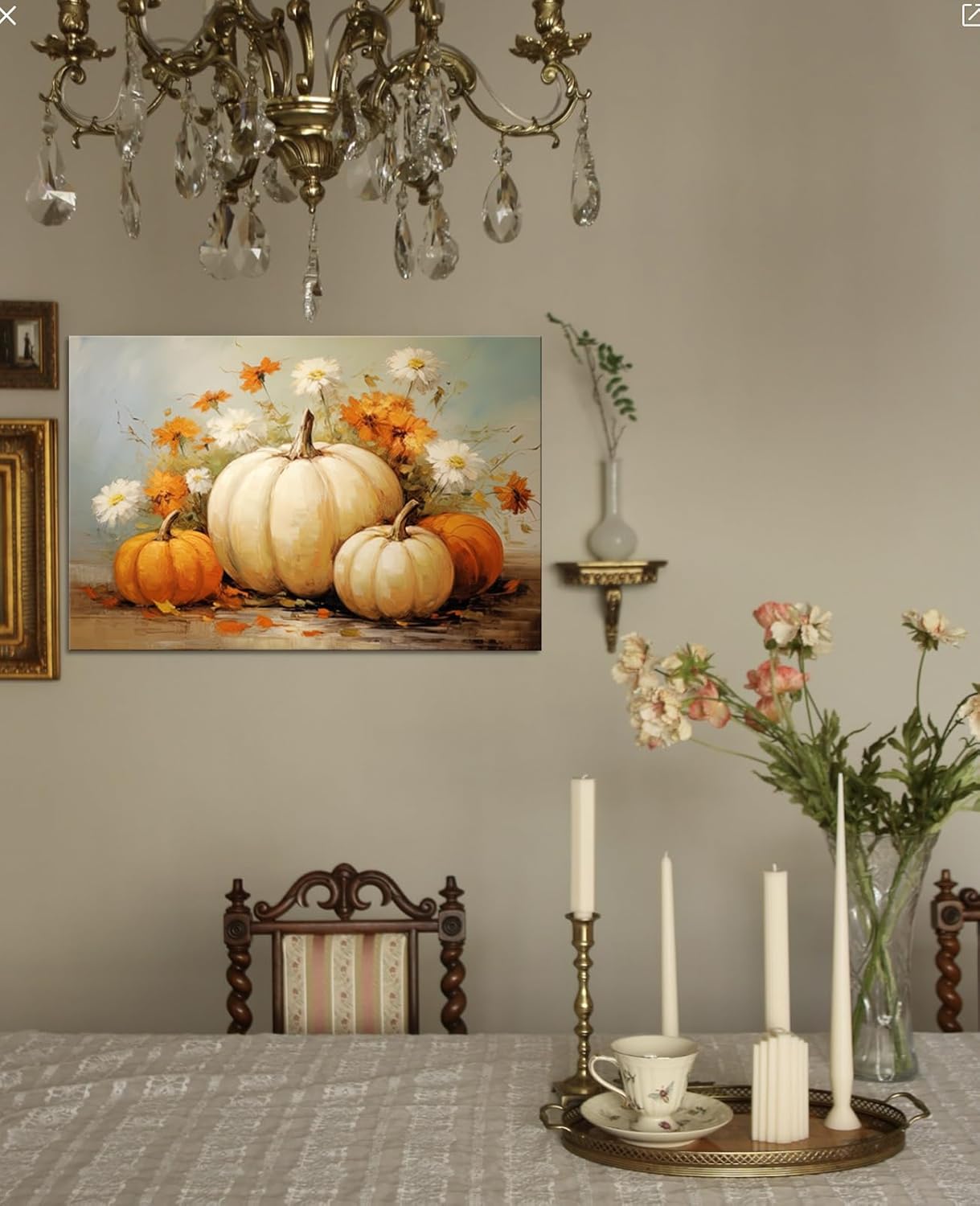 GLOKAKA Arte de pared de calabazas de otoño y otoño, arte rústico de otoño, pintura al óleo vintage de Acción de Gracias, impresiones estiradas y