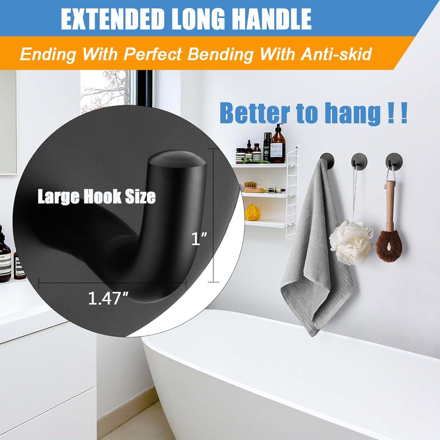 Ganchos autoadhesivos de alta resistencia, gancho negro para toallas de baño, sin clavos, ganchos adhesivos de acero inoxidable 304 para colgar
