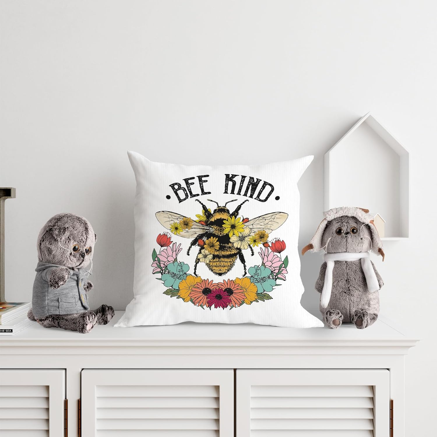 Bee Kind – Funda de almohada de flores silvestres y abeja, 18 x 18 pulgadas, para primavera, verano, decoración del hogar, sala de estar, funda de