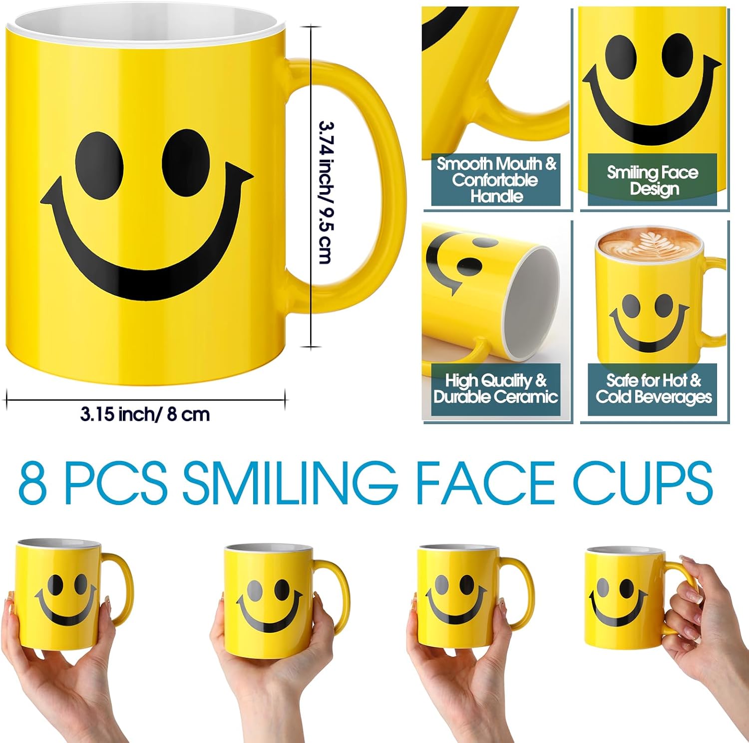 Hushee 8 tazas de café a granel, tazas de café de 11 onzas, taza de café amarilla de cara feliz, taza sonriente de cerámica, regalos de