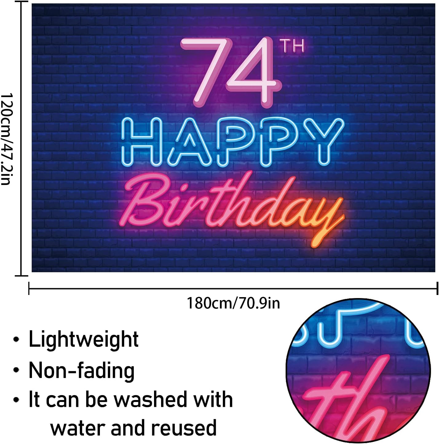 Cartel de fondo de neón brillante con texto en inglés “Happy 74th Birthday”, decoración temática de fiesta de cumpleaños de 74 años para hombres y