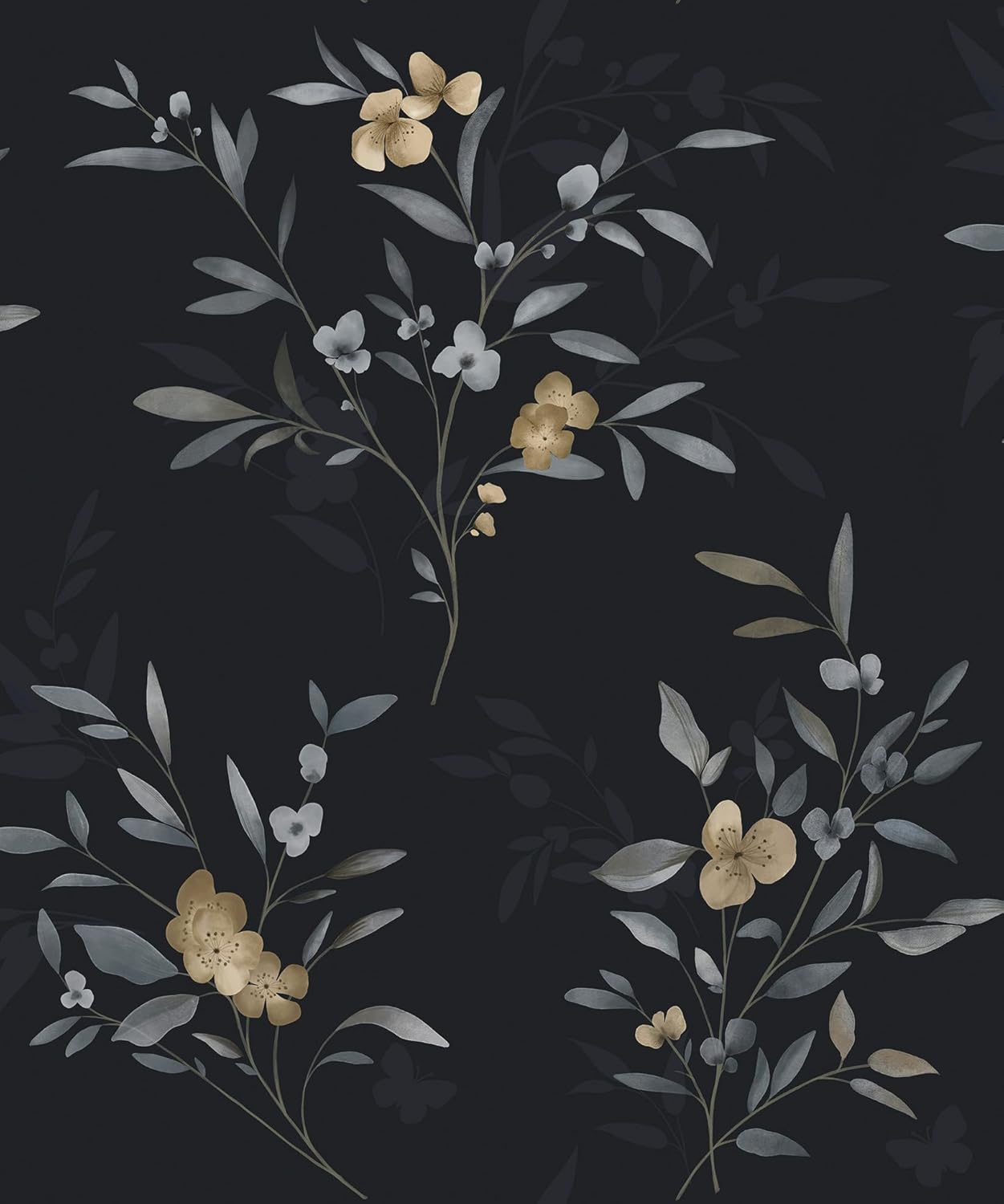 Papel tapiz floral oscuro, papel tapiz de hojas negras, papel de contacto con flores doradas, papel autoadhesivo extraíble, impermeable, papel de