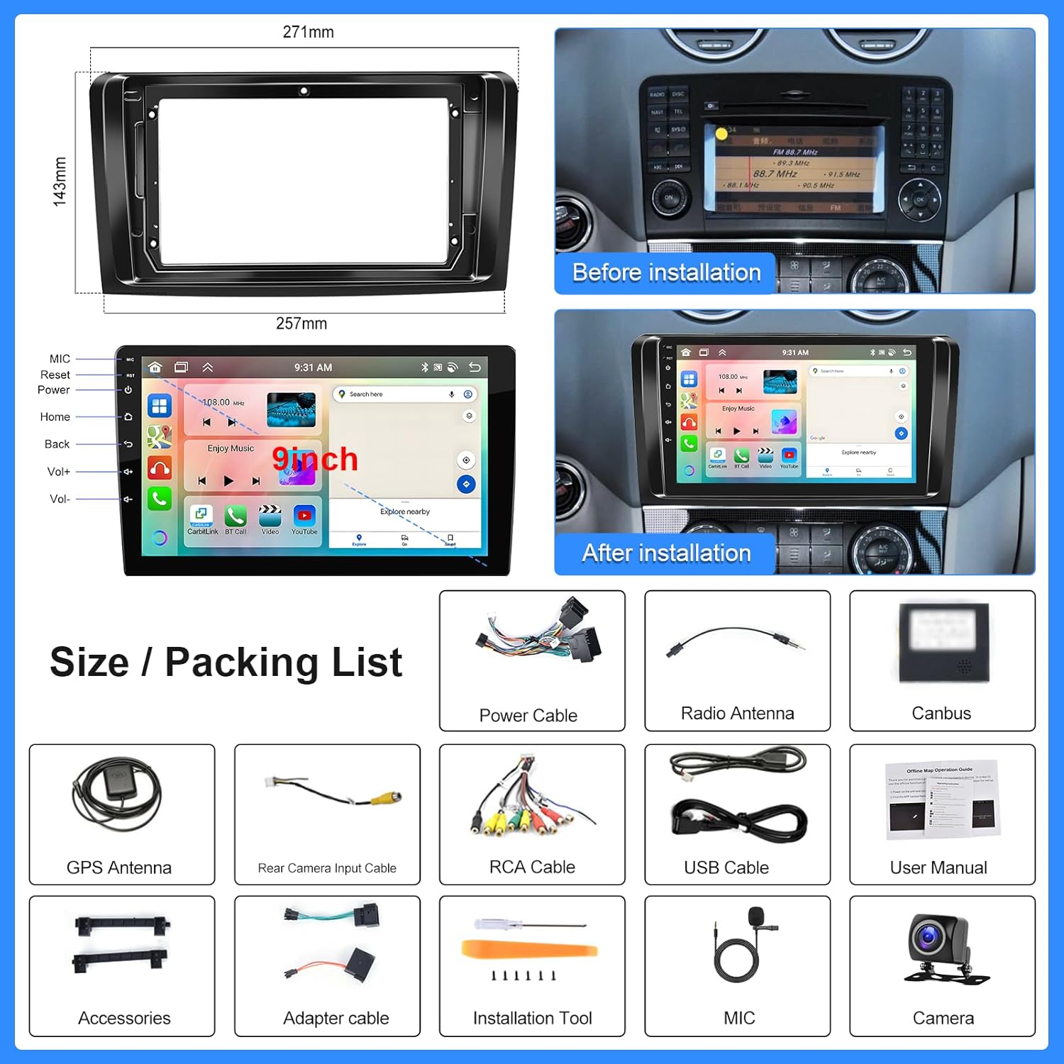 2G 64G para Mercedes Benz W164 X164 ML350 ML500 ML280 GL320 GL350 GL450 2005-2011 Android estéreo de coche con Apple Carplay, pantalla táctil de 9