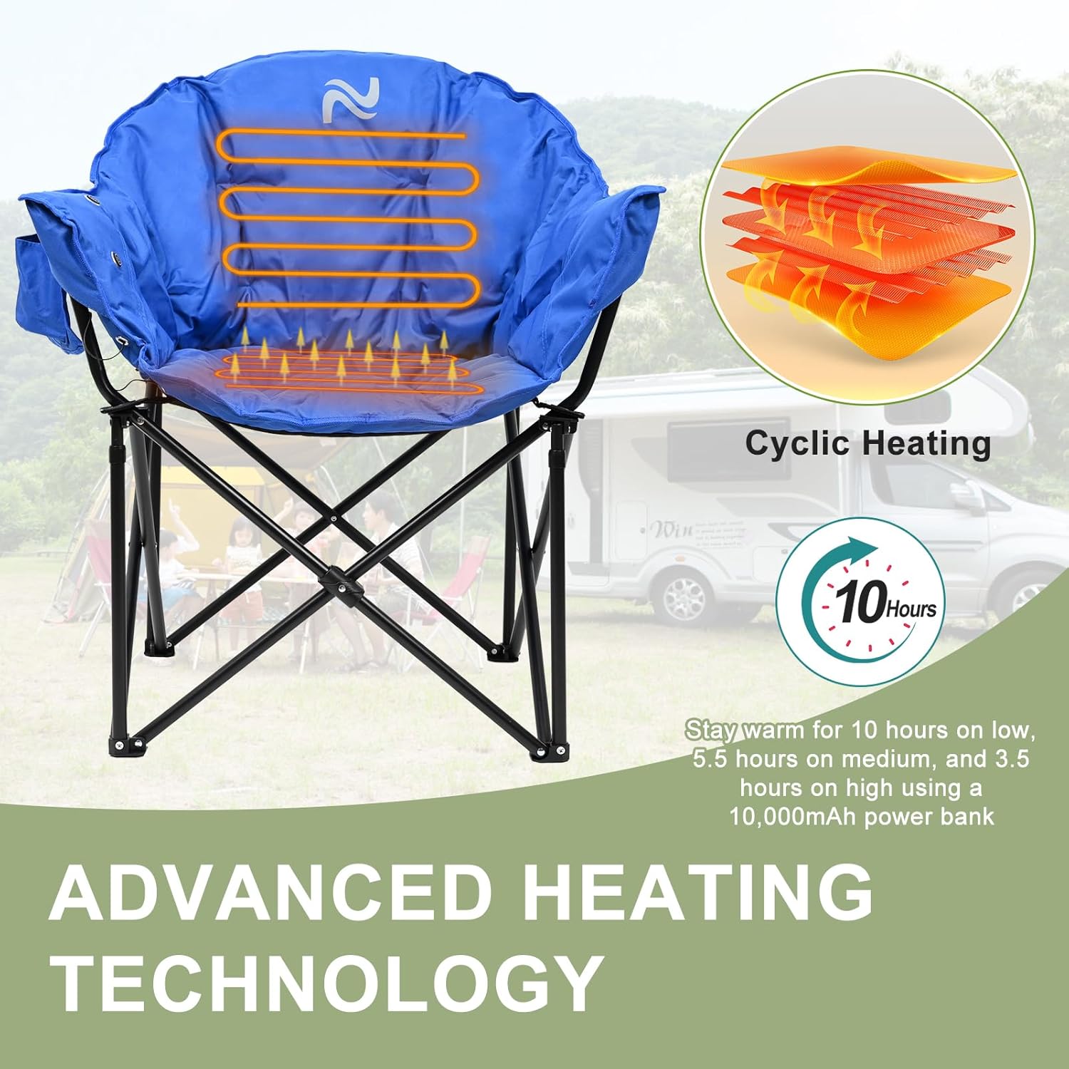 Slsy Silla de campamento con calefacción de gran tamaño que calienta el respaldo y el asiento, silla de campamento portátil con 3 niveles de calor,