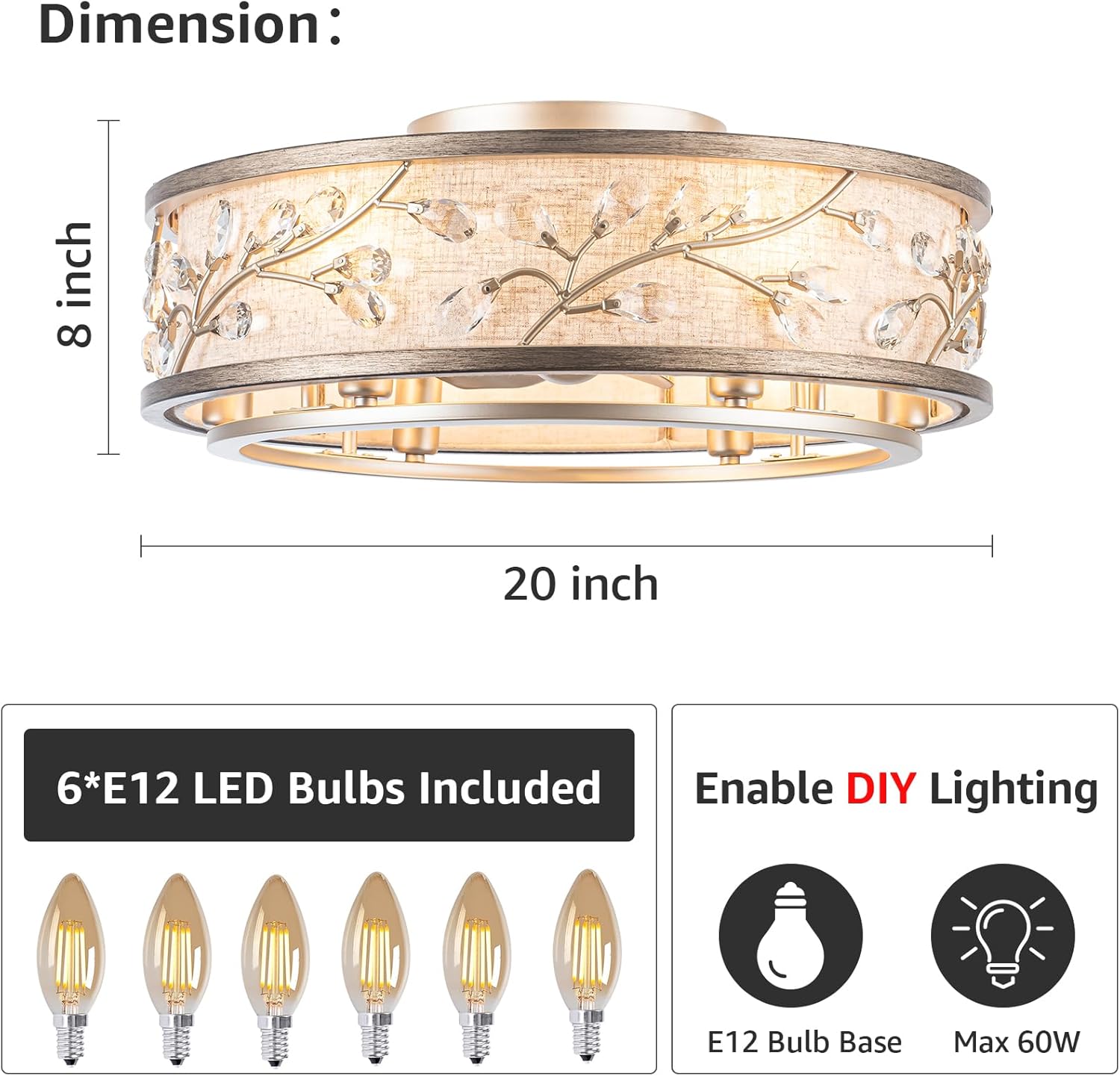 WWM Ventilador de techo enjaulado de montaje empotrado con luz y control remoto, ventiladores de techo de perfil bajo de cristal de 20 pulgadas con