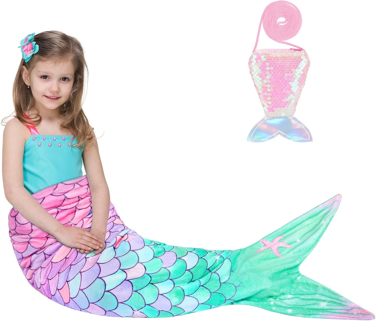 Manta de cola de sirena para niñas y niños, manta de sirena con monedero, manta de franela suave para acurrucarse, juego de regalo de cumpleaños