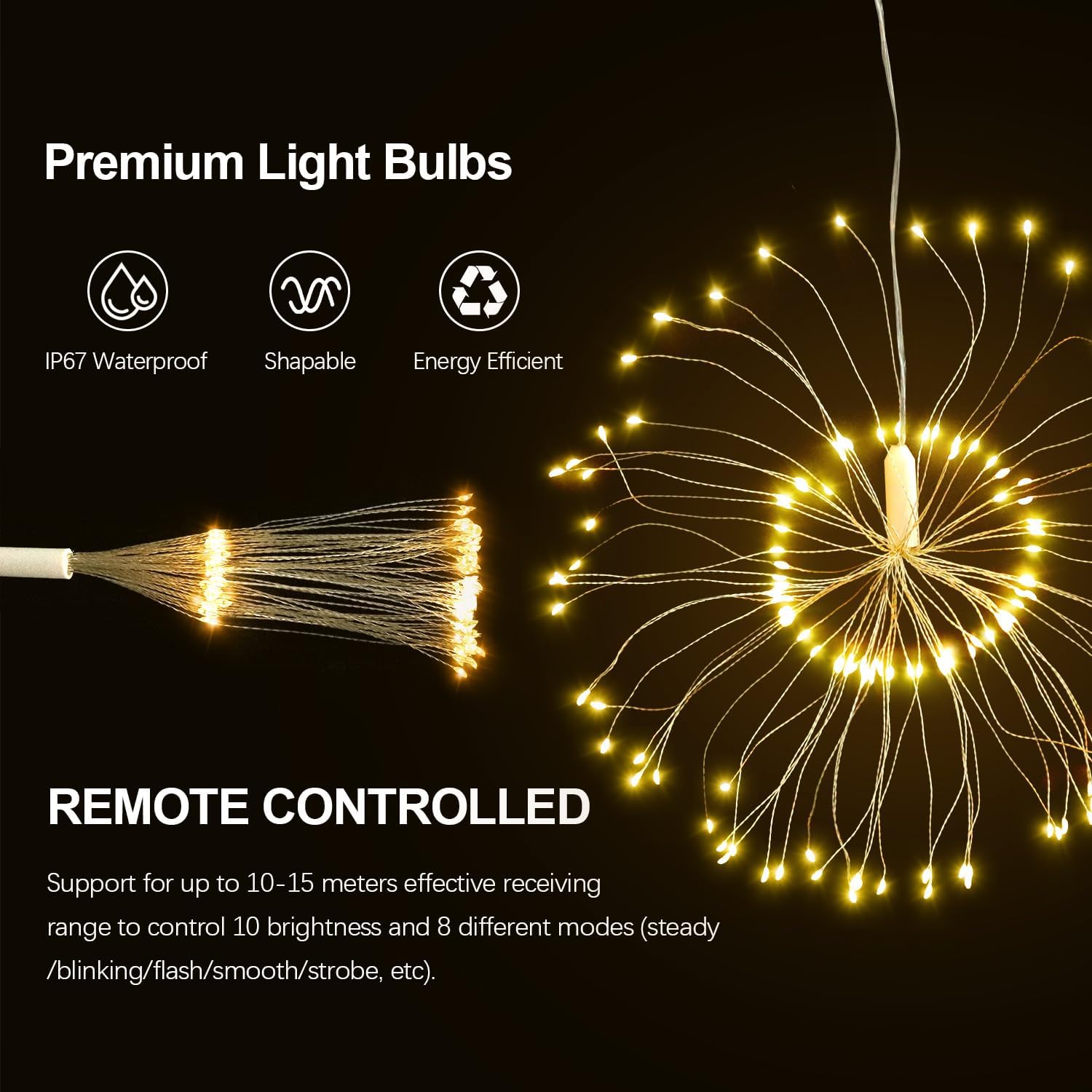 Luces LED de alambre de cobre, apariencia de fuegos artificiales, luces de hada, luces de navidad colgantes, regulables en 8 modos, impermeables,