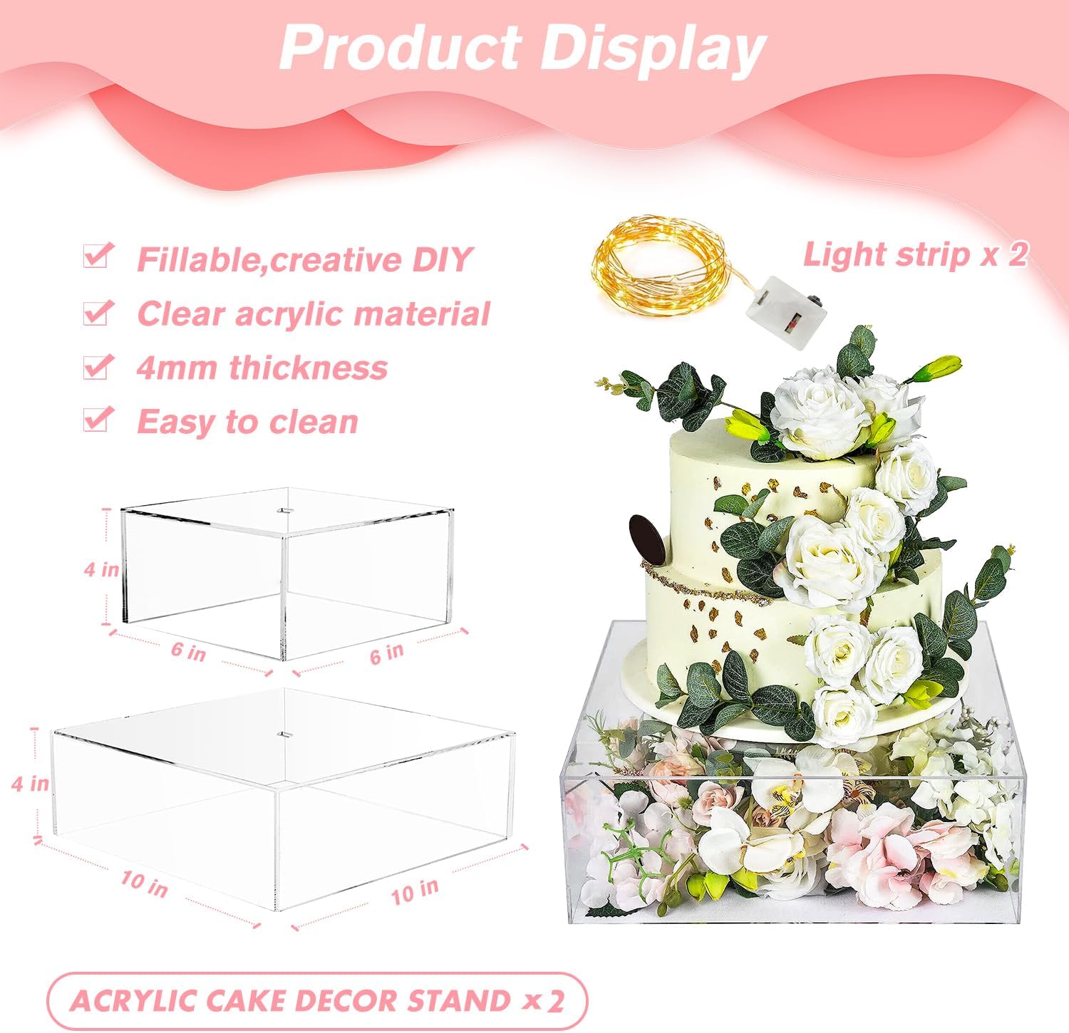2 soportes de acrílico transparente para tartas con luces LED, soporte para tartas, estante para tartas, estante cuadrado para tartas, para bodas,