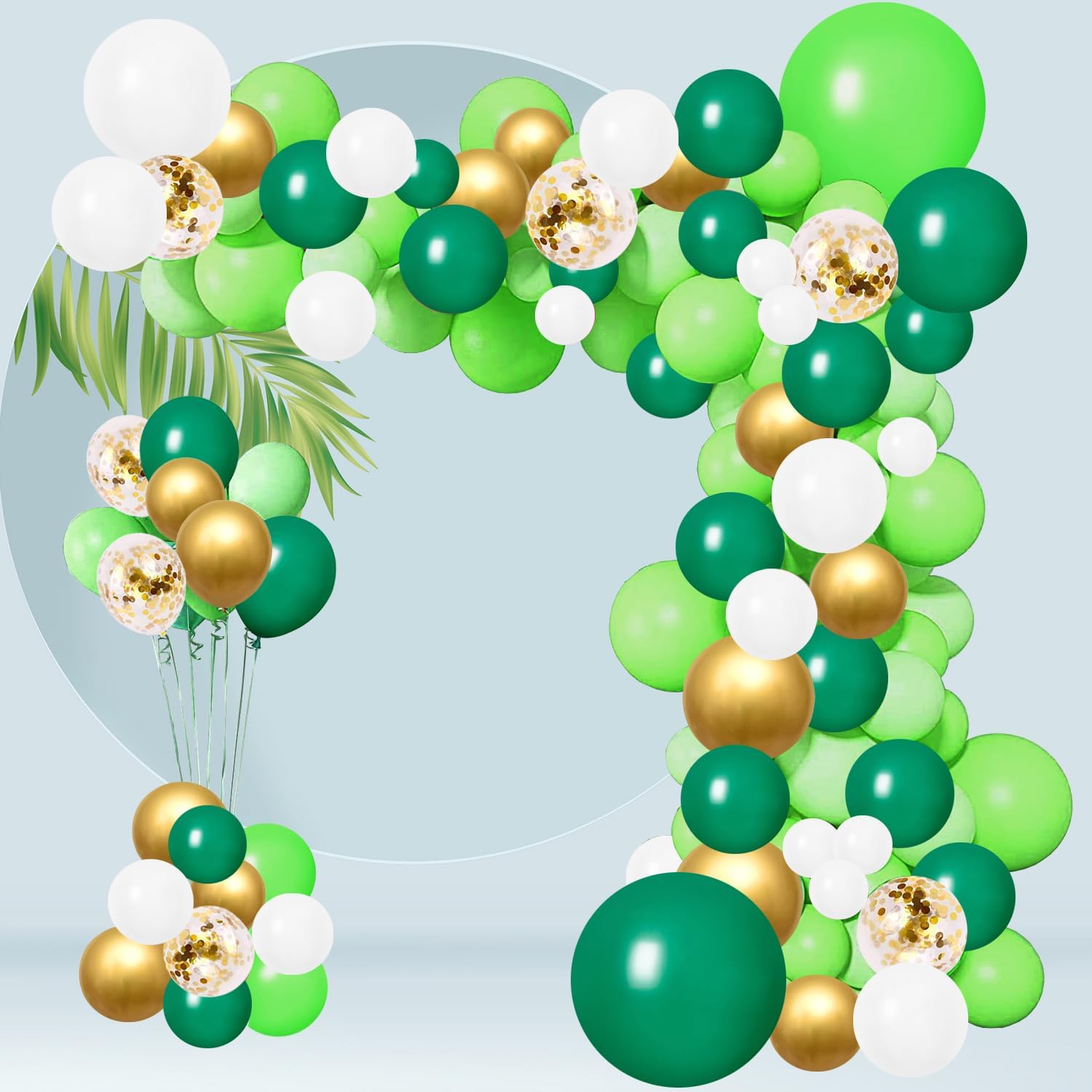 Kit de arco de guirnalda de globos de fiesta de selva, globos blancos de metal verde dorado con diferentes tamaños para fiesta de la selva, ducha,