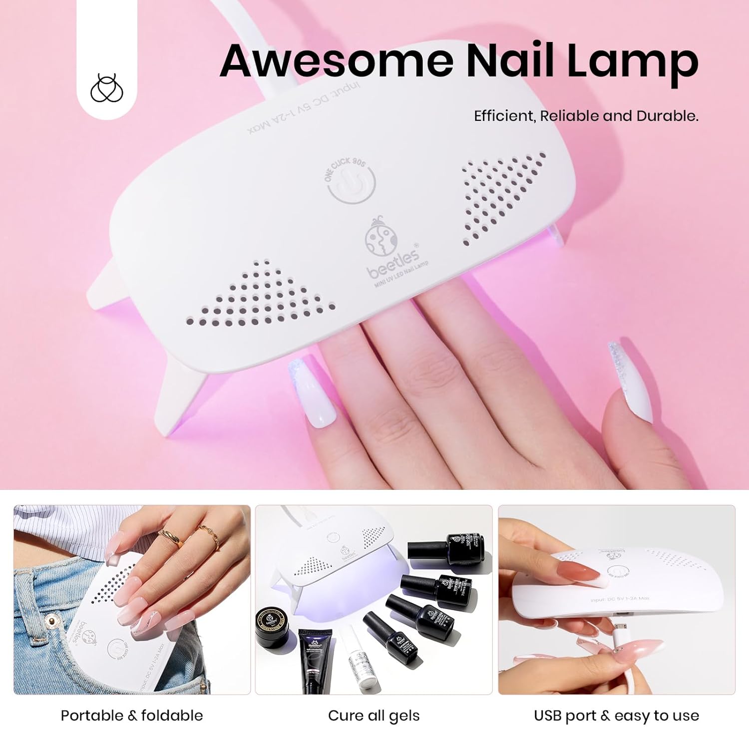 Beetles – Kit de extensión de uñas de polietileno con kit de luz UV, 6 colores transparente, blanco, rosa, verde, todo en uno, juego de uñas de gel