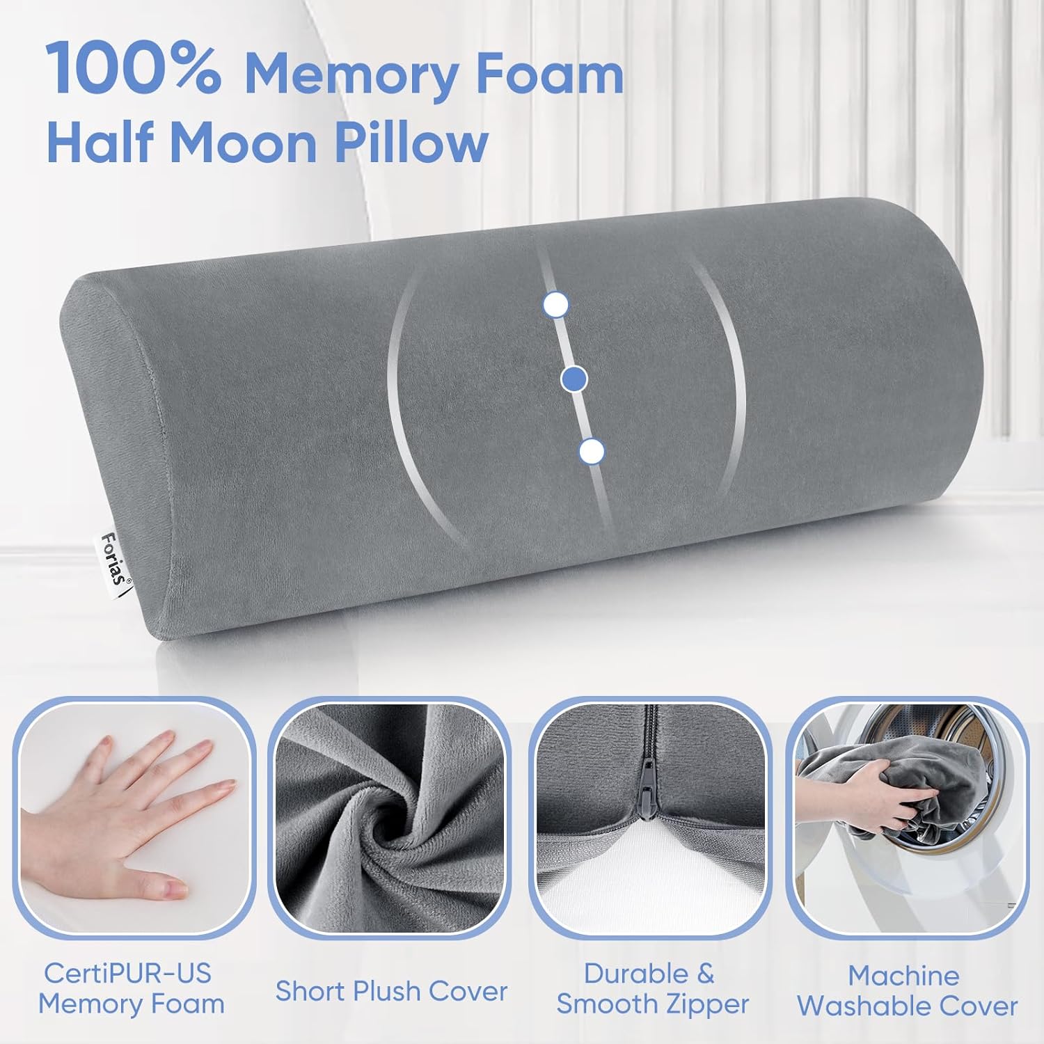 Forias Almohada de media luna para piernas, rodillas, alivio del dolor de espalda baja, cuello, almohada de espuma viscoelástica pura elevación para