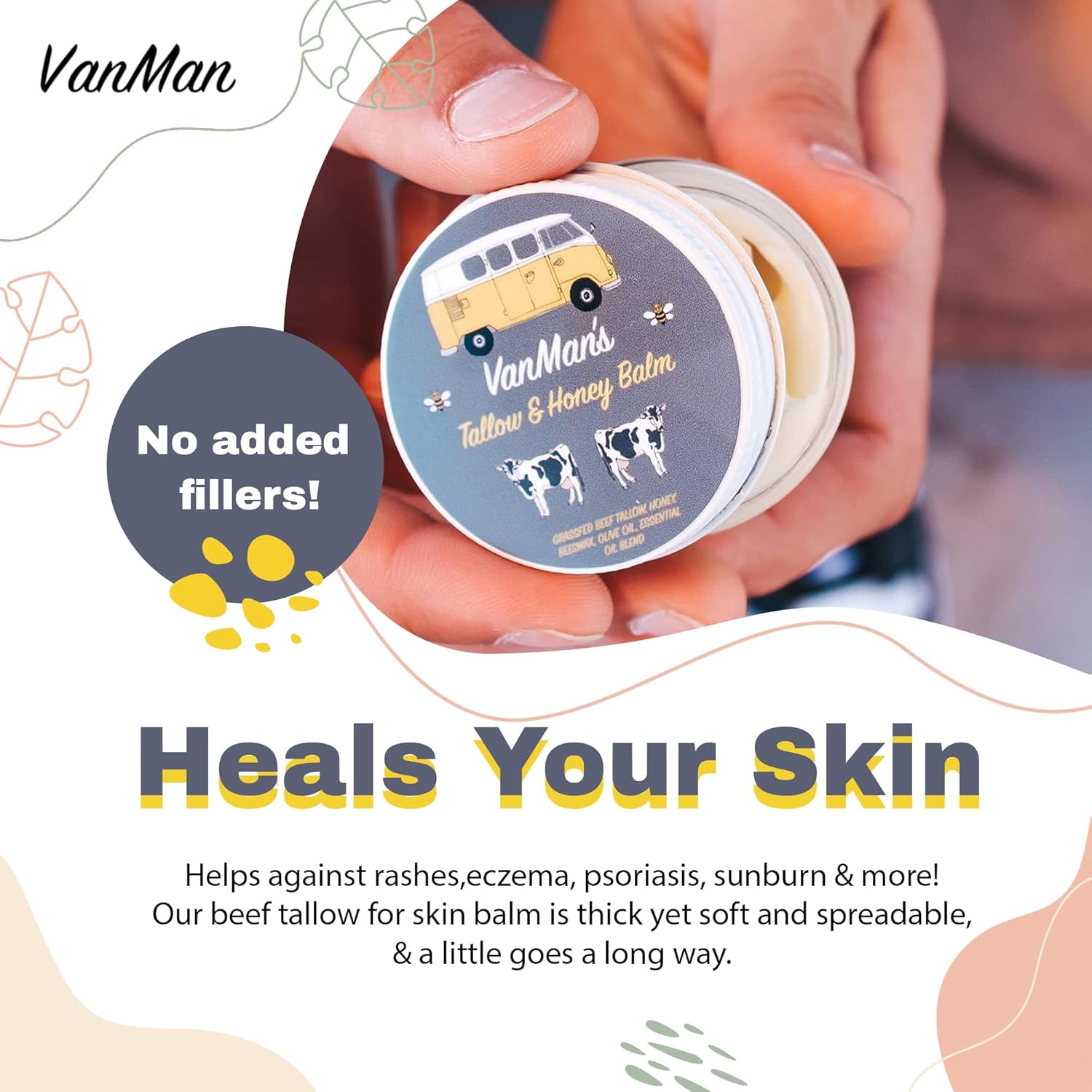 Vanmans Tallow and Honey Balm (2 onzas)  Paquete de 3  Bálsamo de miel alimentado con hierba de ternera con vitaminas A, K, D, E y aceites