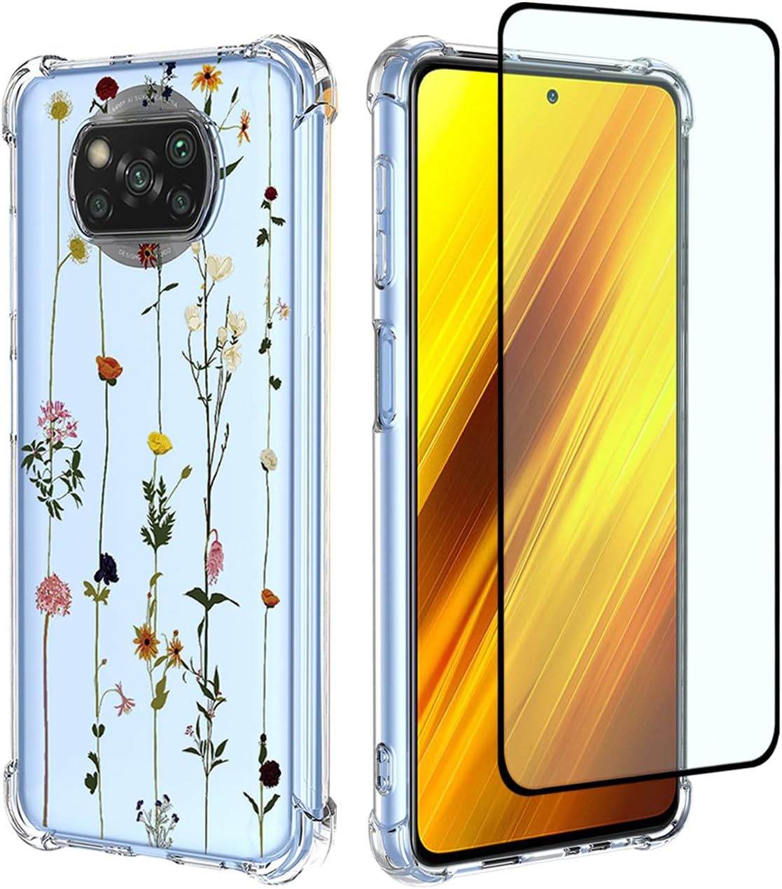 GTBDEKI Funda para teléfono Poco X3 NFCPoco X3 ProPoco X3, M2007J20CG con protector de pantalla, funda transparente con patrones de jardín de