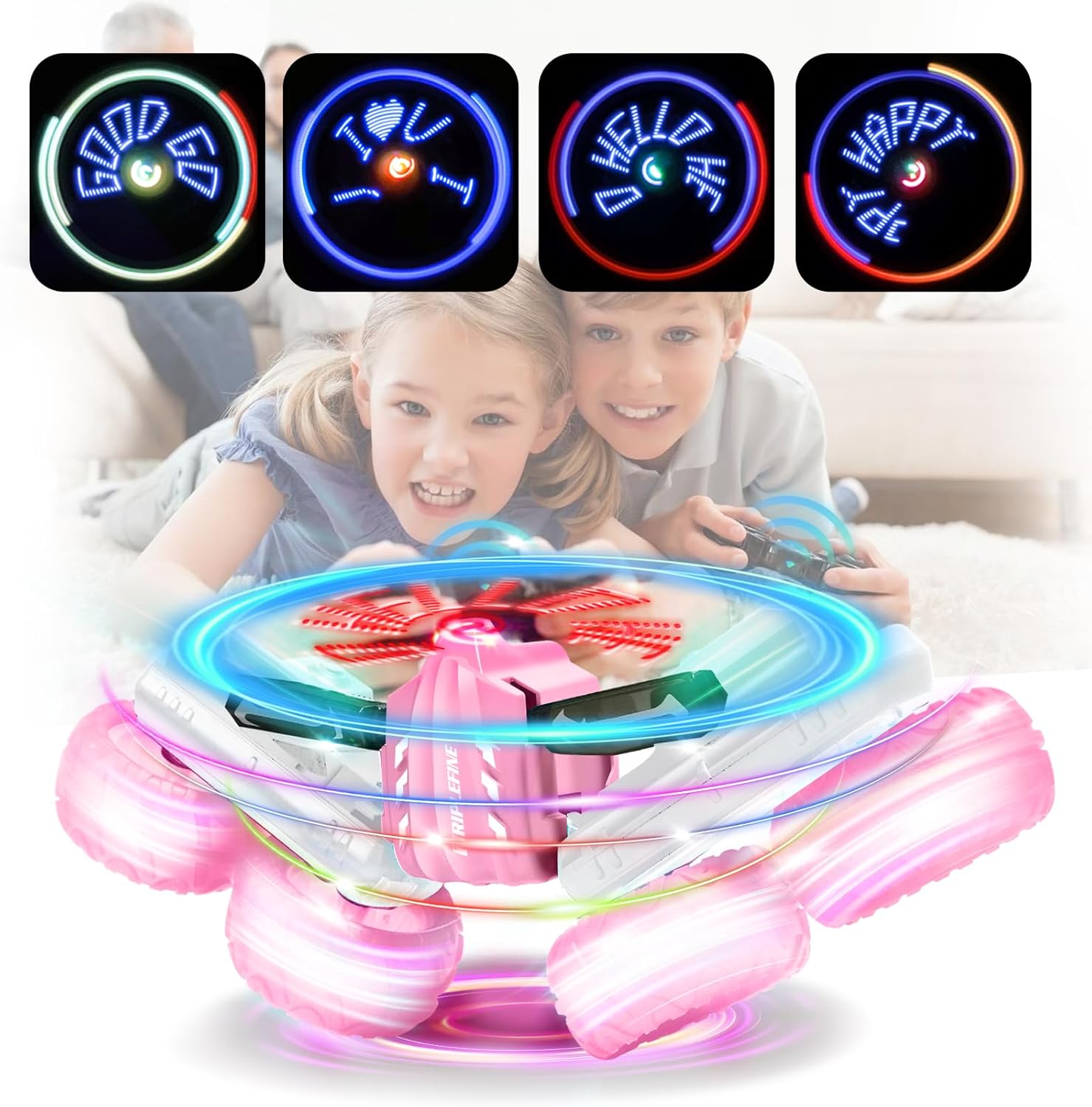 Coche de control remoto para niñas, auto de acrobacias rápidas LED, autos RC de 2.4 GHz, 4WD de doble cara giratoria de 360, juguetes para