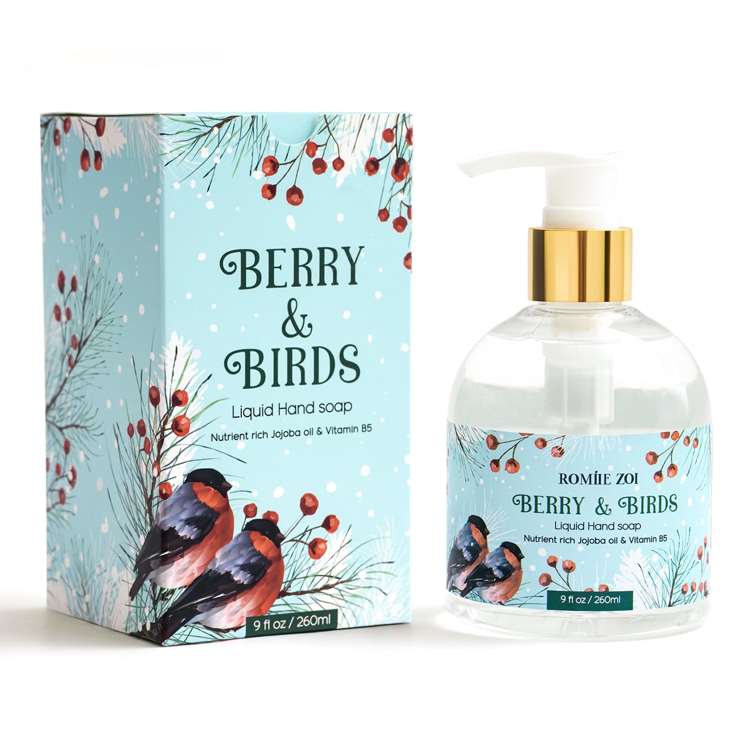 ROMIIE ZOI Jabón líquido de manos navideño con caja de regalo, bayas y pájaros, infundido con aroma a nieve que cae – 8.8 fl oz 9 onzas líquidas