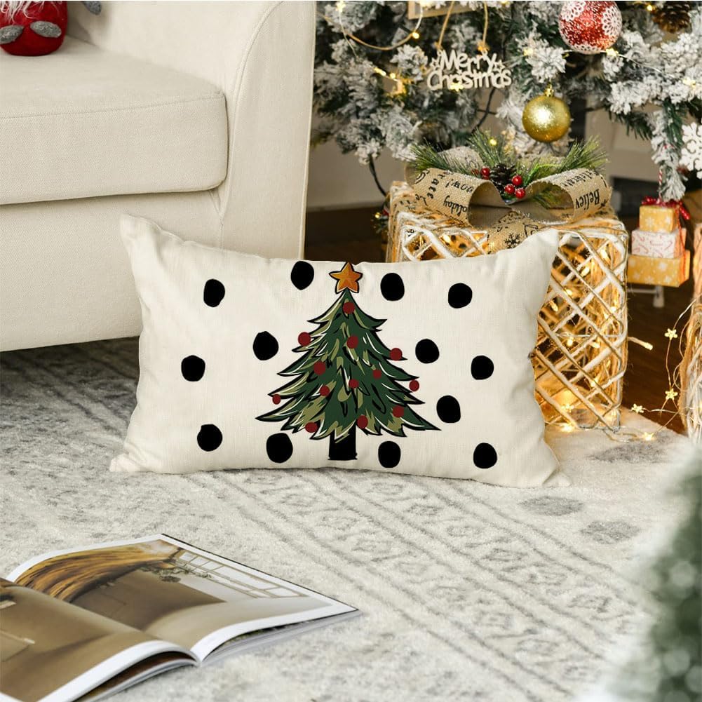 RABUSOFA Fundas de almohada de Navidad de invierno de 12 x 20 pulgadas, decoración de árbol de Navidad de lunares, almohadas lumbares de acuarela,