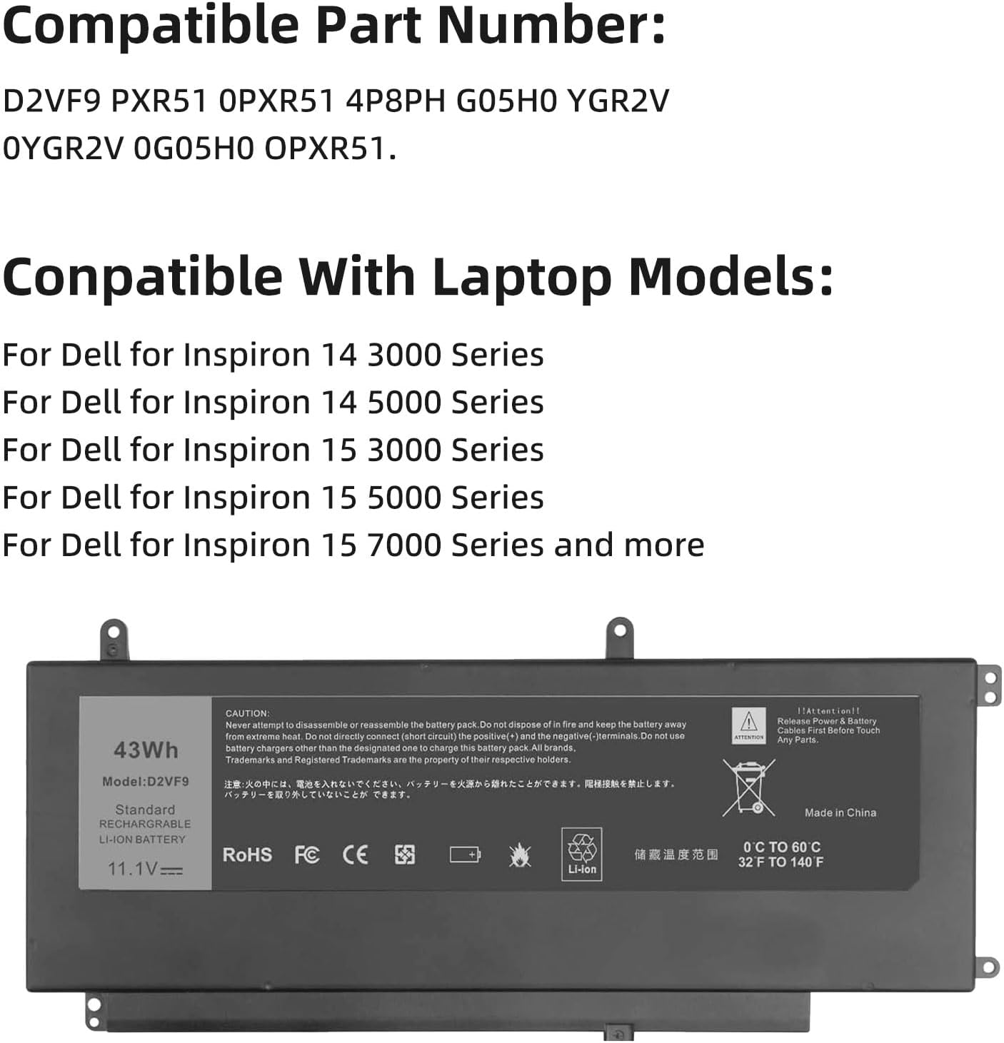 YXKC D2VF9 – Batería para portátil Dell Inspiron 15 7547 7548 Vostro 14 5459 14-5459D-1308S 14-5459D-1328S 14-5459D-1408S 14-5459D-1528G1528S