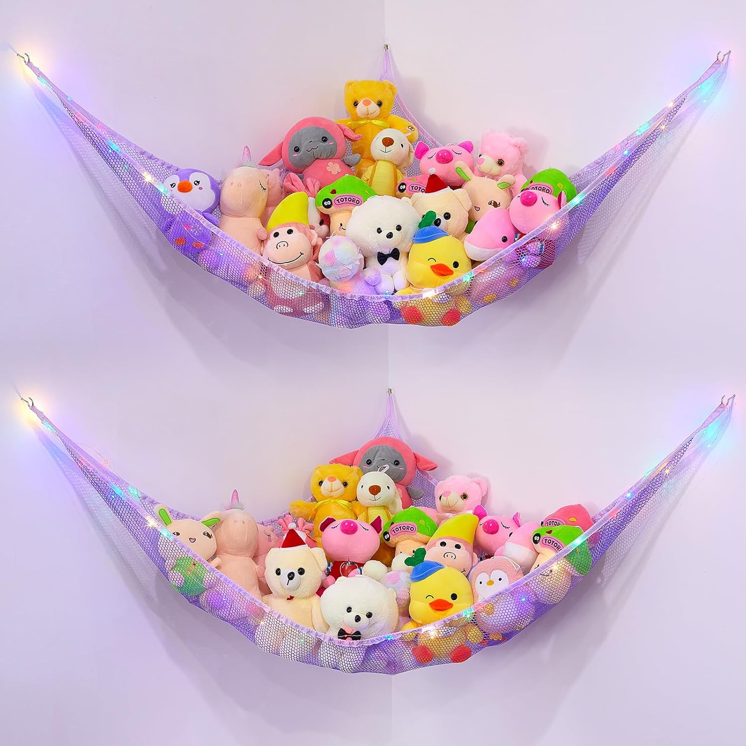 Basumee Red de animales de peluche o hamaca con luz LED, hamaca de red de juguetes para almacenamiento de animales de peluche, hamacas para