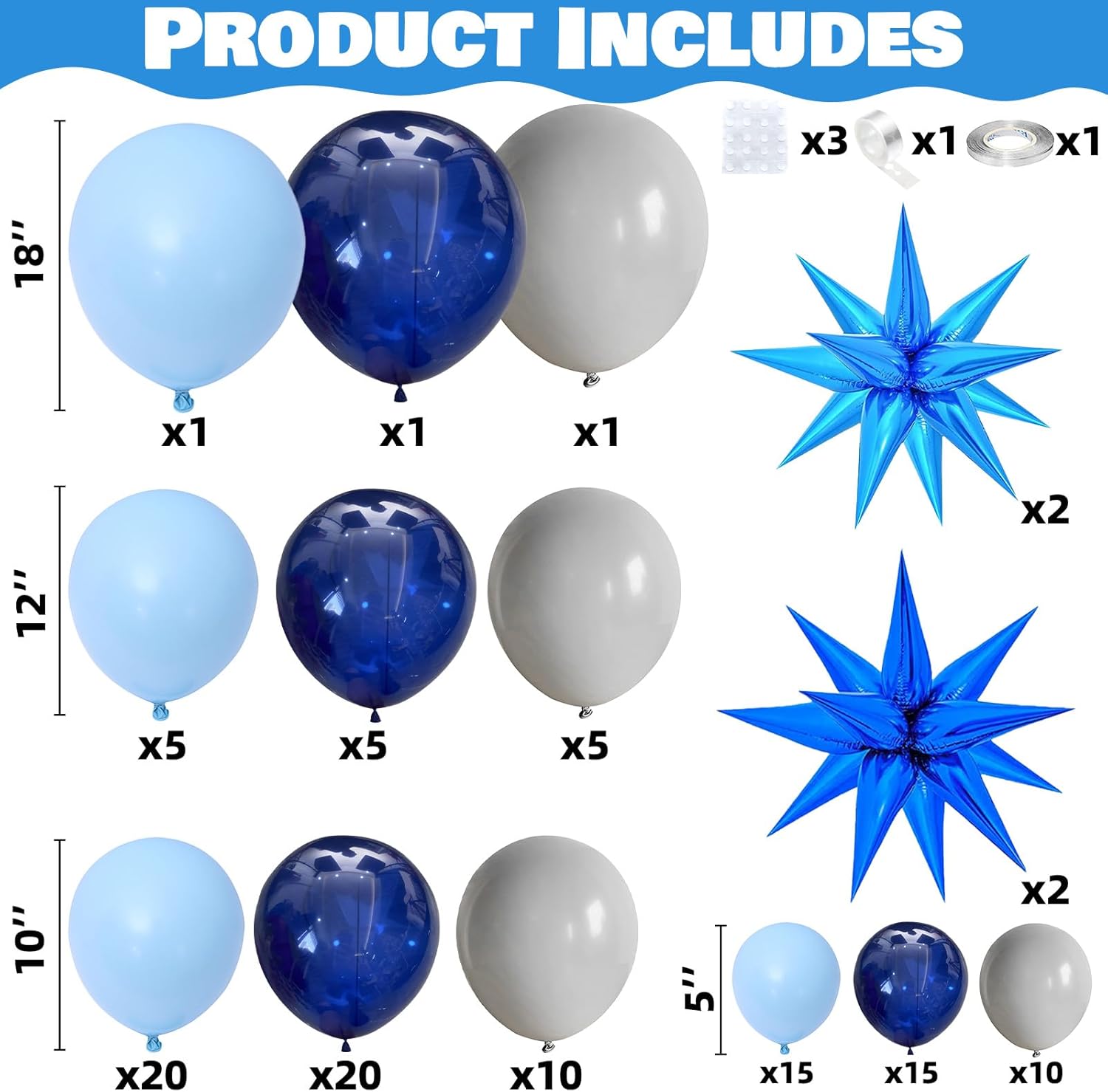 Kit de arco de guirnalda de globos azules, 112 paquetes de globos azules mezclados con globos de aluminio Starburst de 18, 12, 10, 5 pulgadas para
