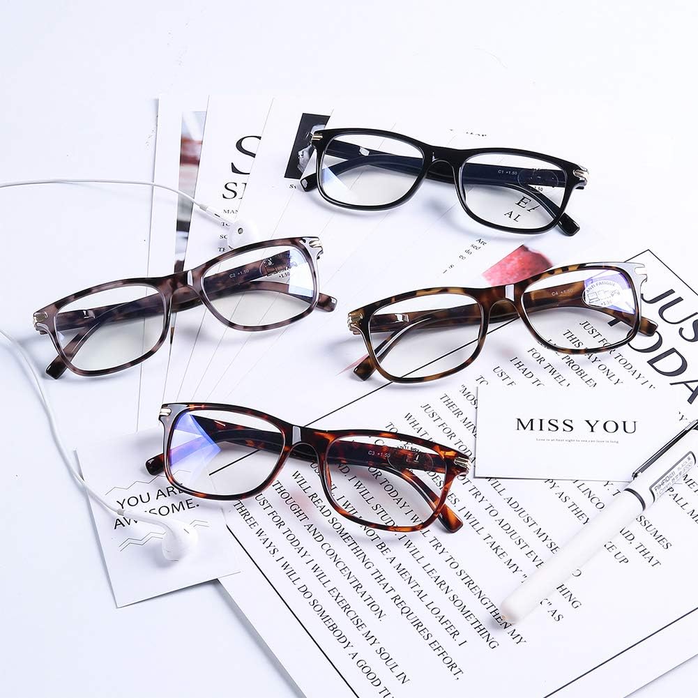 DOOViC Gafas de lectura, paquete de 4 unidades, bloqueo de luz azul, bisagra de resorte, a la moda, clásicos, lectores de computadora para mujeres y