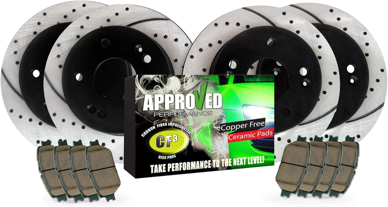 K37476-FRP Kit de rotor y almohadilla de freno de disco con recubrimiento en polvo negro perforado y ranurado delantero y trasero para modelos Kia