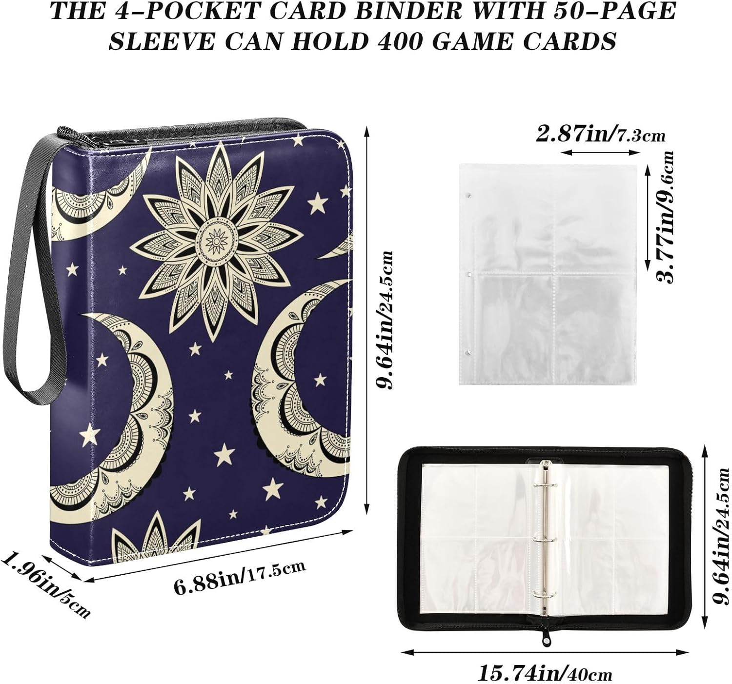 Carpeta de tarjetas coleccionables estilo bohemio vintage con diseño de luna, sol y estrellas, 4 bolsillos con 50 fundas extraíbles, carpeta de