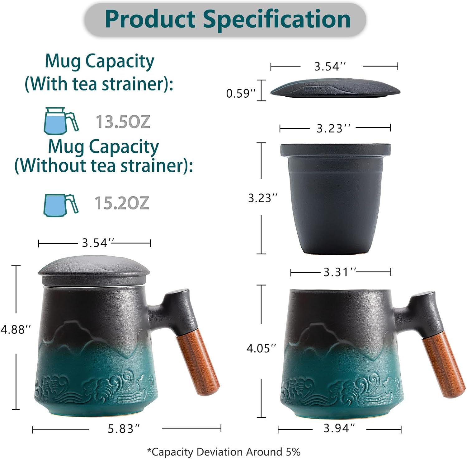 ZENS Taza de té con infusor y tapa, taza de té de cerámica con mango de palisandro, taza de té de hojas sueltas de 15.2 onzas para regalos, negro y