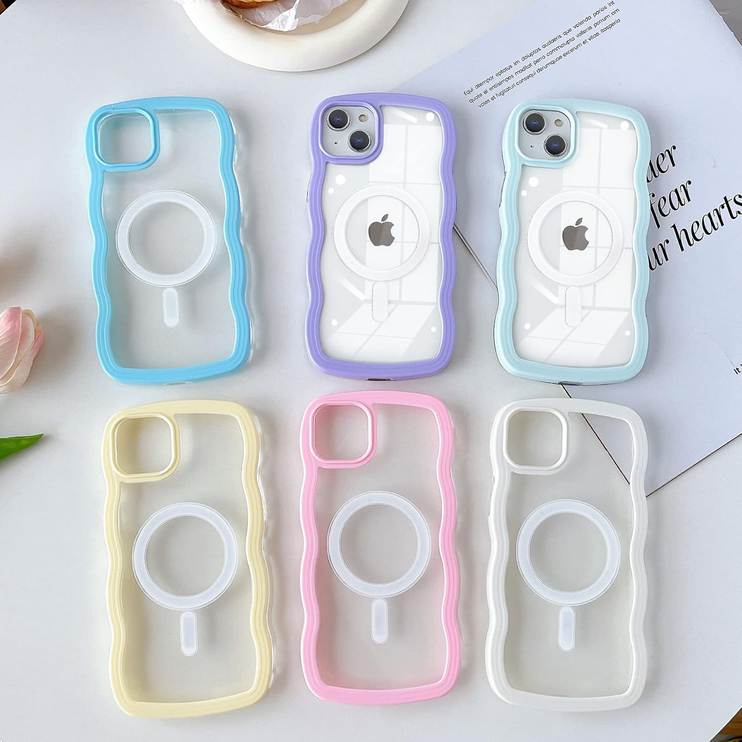 Skyseaco Funda para iPhone 14, compatible con MagSafe, bonita forma de marco de onda rizada, a prueba de golpes, suave funda magnética para mujeres