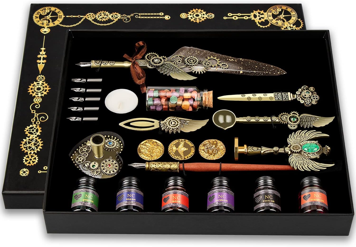 NC Juego de bolígrafo y tinta, juego de tinta de plumas, juego de sellos de cera, juego de bolígrafos de caligrafía de plumas, regalo del día de San