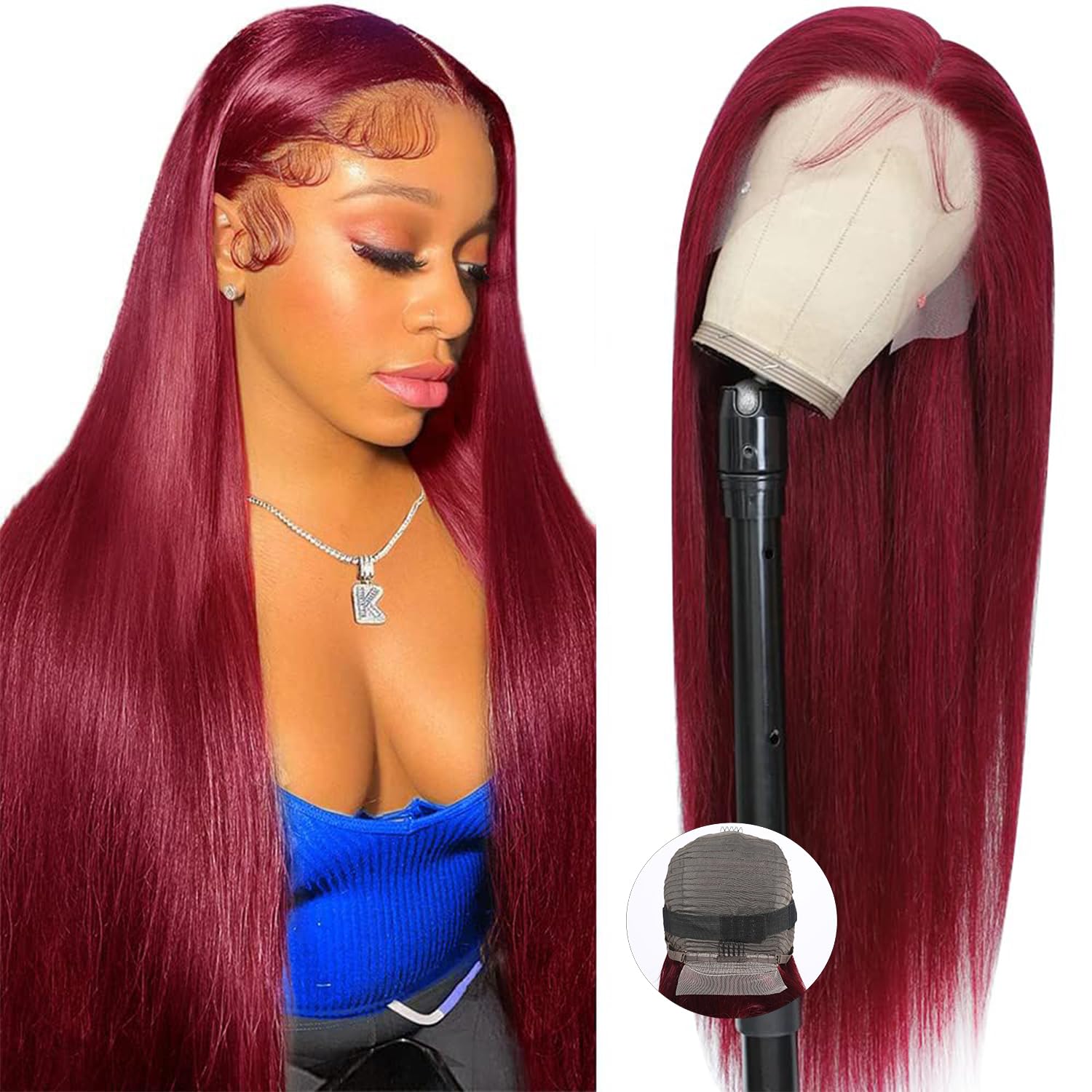 Pelucas de cabello humano con encaje frontal color burdeos 99J 13×4 HD lacio, pelucas de cabello humano prearrancado color rojo vino, peluca sin