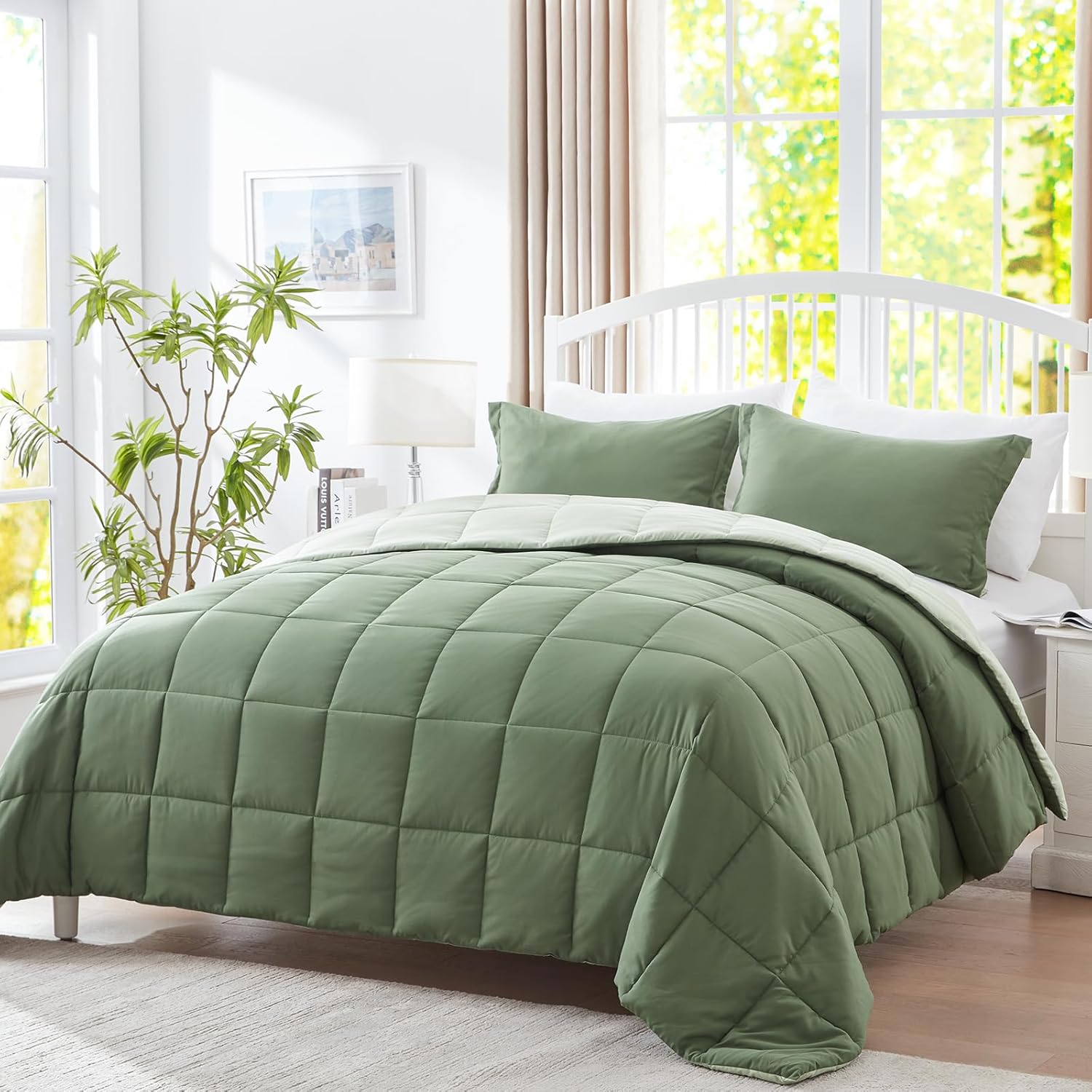 SunStyle Home Juego de edredón tamaño Queen, edredón alternativo ligero de 3 piezas, suave y reversible, para todas las estaciones (verdeverde