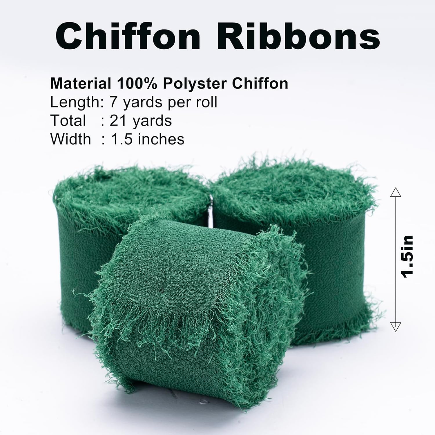Cinta de gasa, 3 rollos de cinta de gasa de seda con flecos de color verde oscuro hecho a mano de 1.5 pulgadas x 7 yardas, juego de cintas para