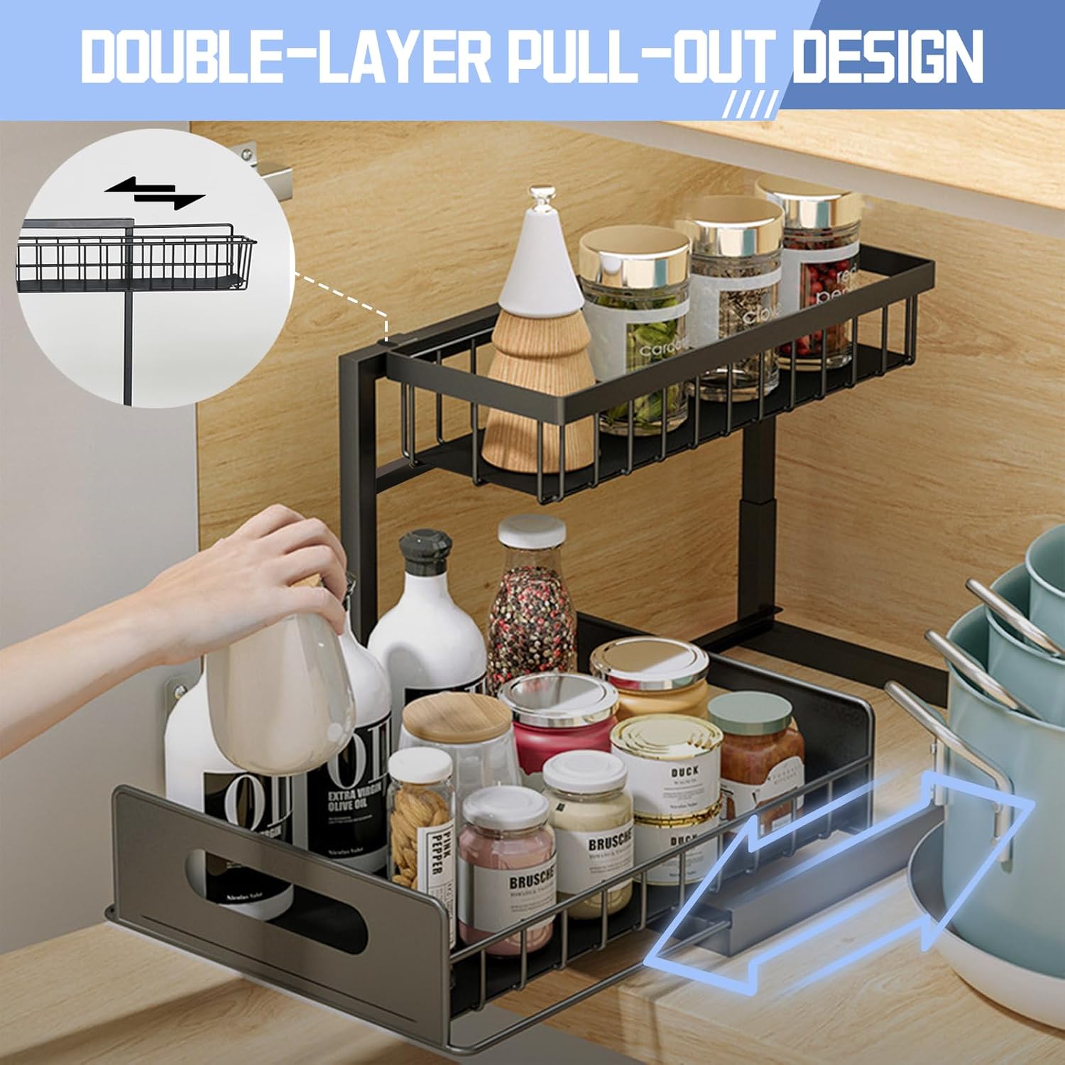 Organizadores deslizantes para debajo del fregadero de 2 niveles en forma de L, almacenamiento de espacio estrecho multiusos para cocina y baño,