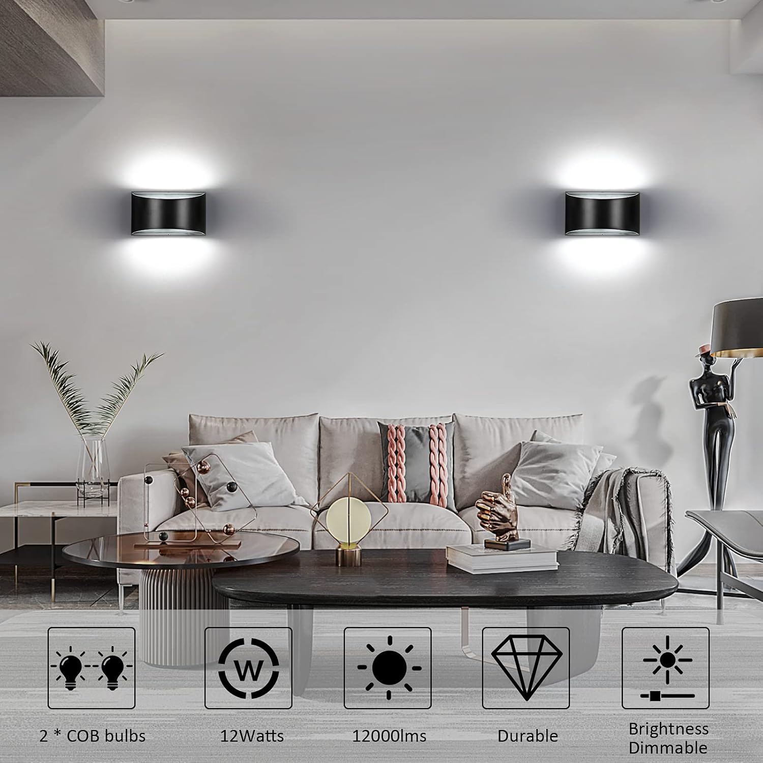 LIGHTESS Juego de 2 apliques de pared interiores regulables para interiores, luces LED de aluminio para pared, color negro, modernos apliques de