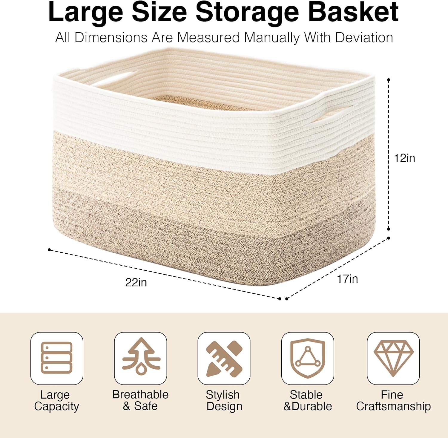 Cesta rectangular grande para manta de 75 litros, cesta de almacenamiento para organizar, cestas tejidas de cuerda de algodón para almacenamiento de