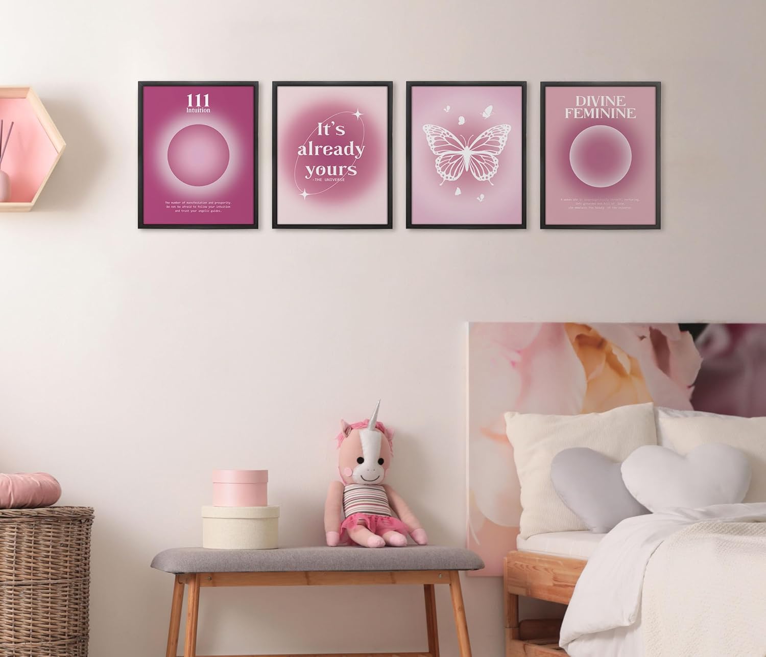 GOXFOC Decoración inspiradora de pared para mujer, póster degradado granulado de moda rosa sin marco, juego de 4, mariposa rosa positiva, decoración