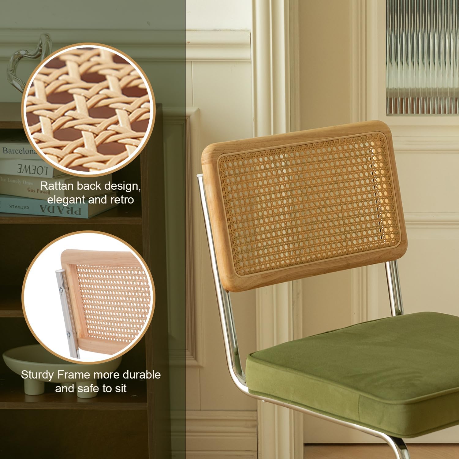 Okeysen Juego de 2 sillas de comedor, modernas sillas de cocina de terciopelo de mediados de siglo con respaldo tejido de caña y patas de metal,