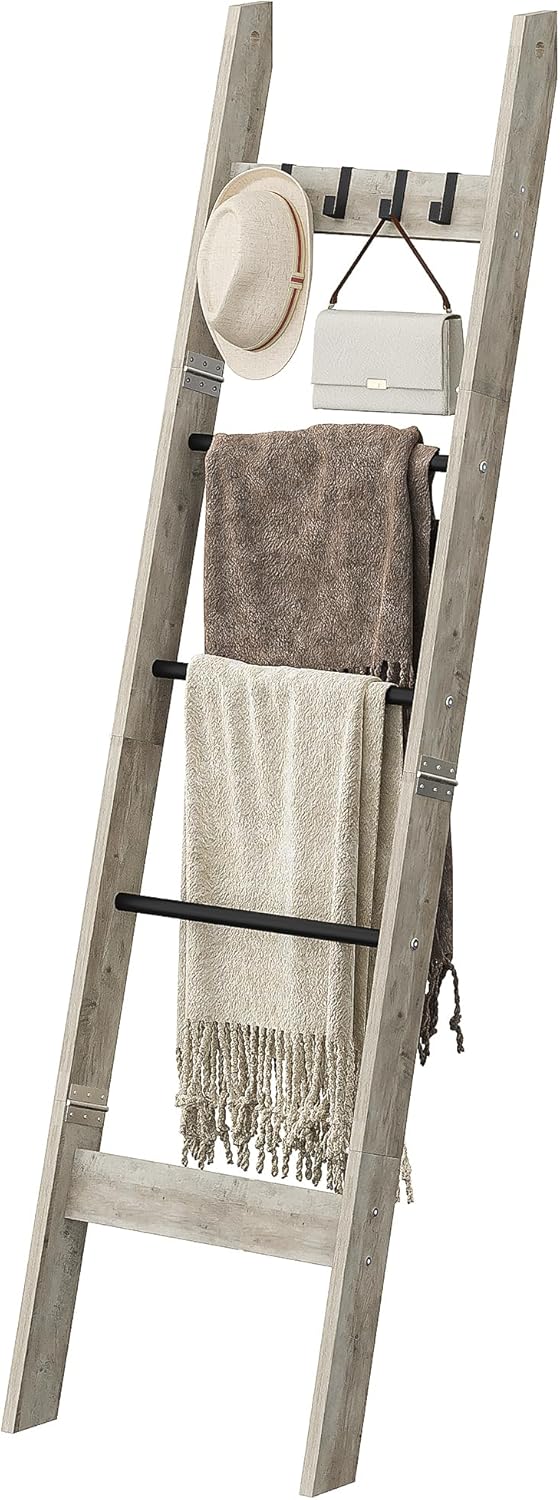 Escalera para manta, para dormitorio, estante decorativo de madera con 4 ganchos extraíbles, organizador de escalera de granja de 5 niveles para