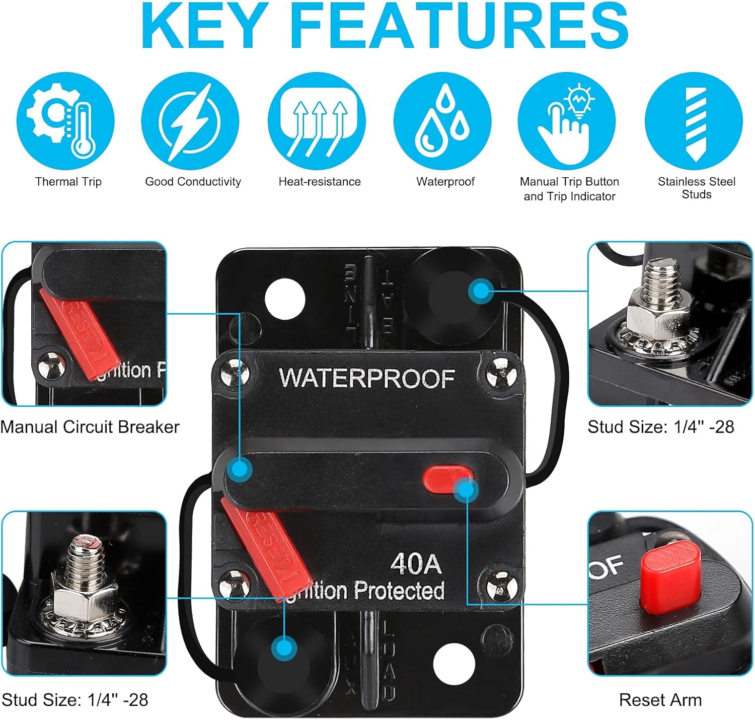 Disyuntor impermeable de 40 amperios, portafusibles, disyuntor de audio, con reinicio manual, 12V-48V CC, 30A-300A, para sistema de audio de barco