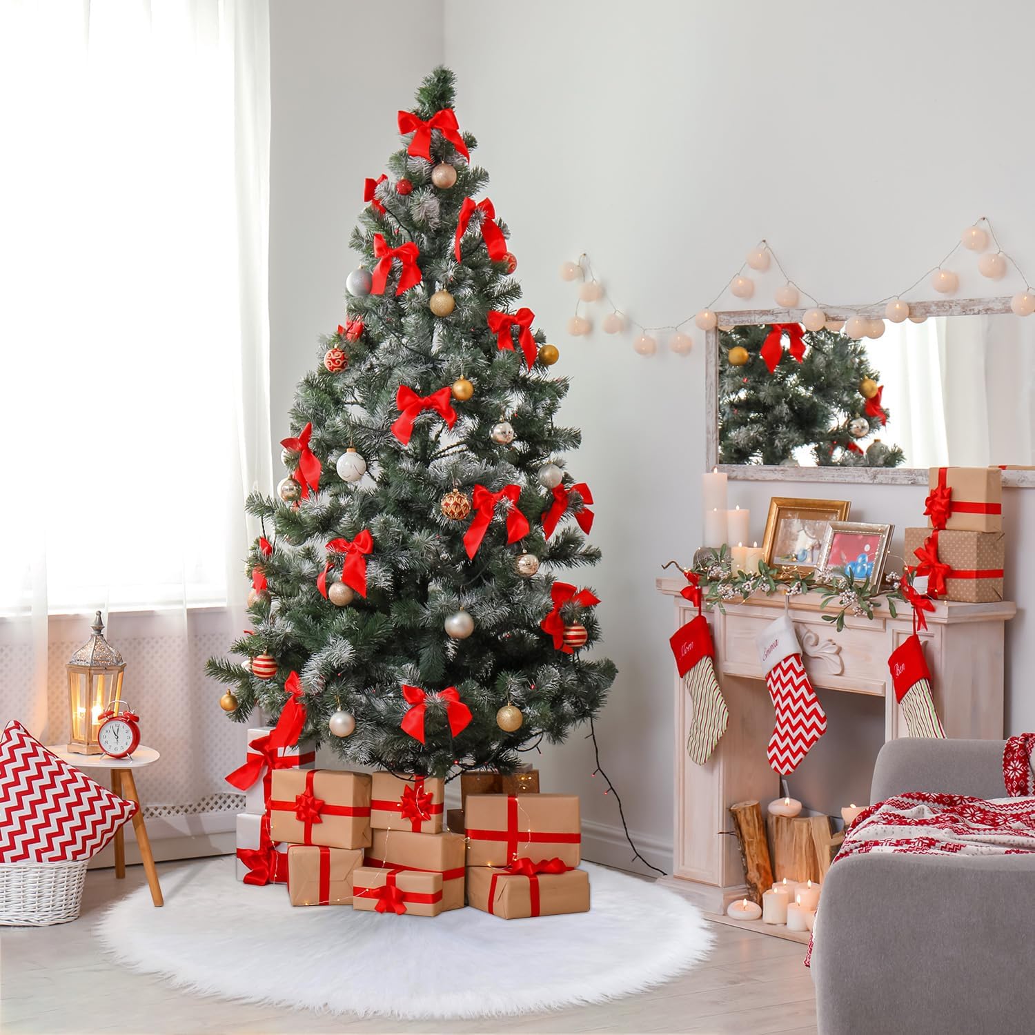 Falda de árbol de Navidad de 48 pulgadas, falda de árbol grande, falda de árbol de piel blanca para decoración de árbol de fiesta de Navidad