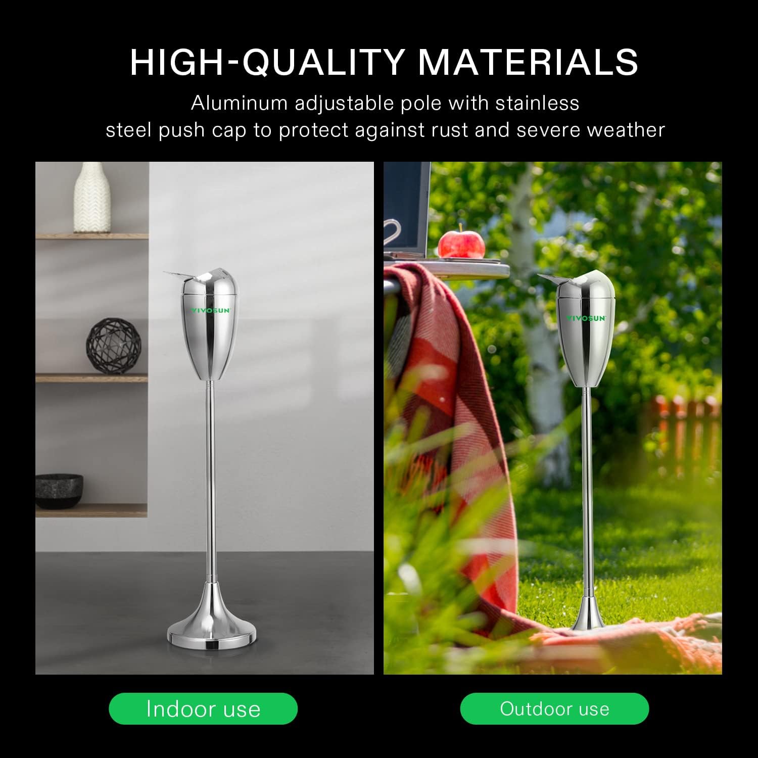 VIVOSUN Cenicero de pie para el suelo, cenicero al aire libre con tapa de acero inoxidable, altura ajustable de 21.5 a 35 pulgadas para el hogar,