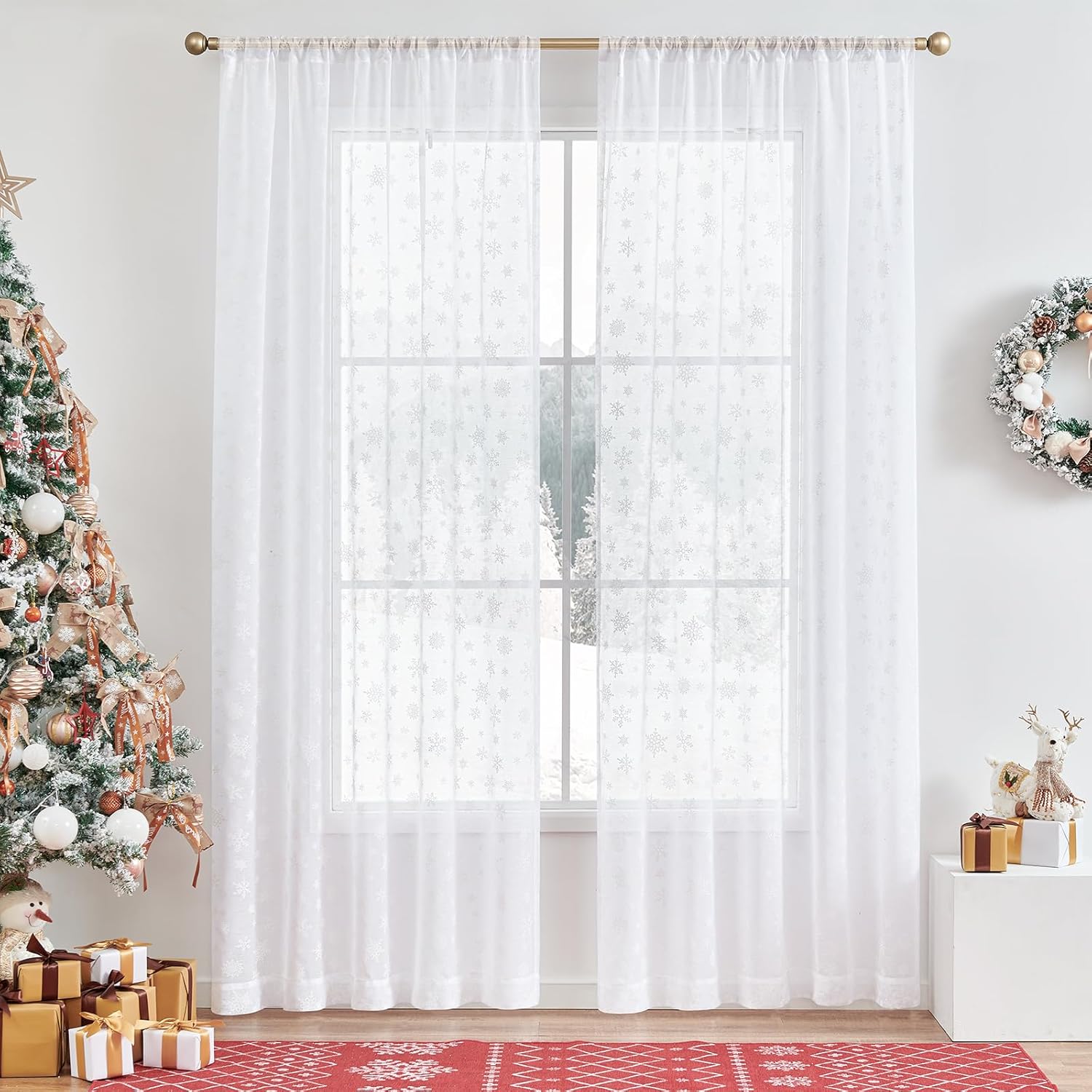 Vangao Cortinas traslúcidas blancas de Navidad con estampado de copos de nieve de 84 pulgadas de largo para sala de estar, dormitorio, telón de