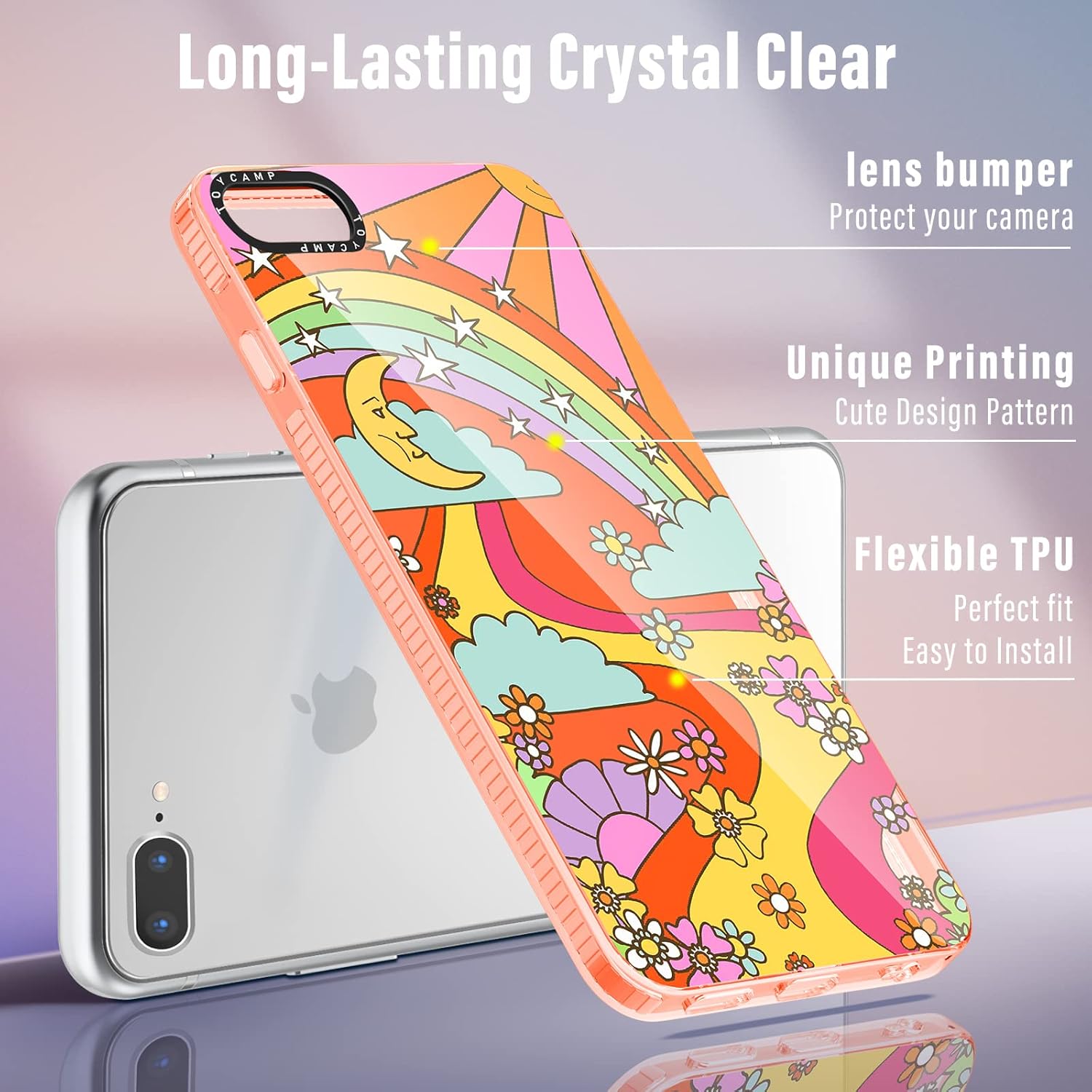 Toycamp Funda para iPhone 8 Plus7 Plus6S Plus6 Plus, lindo diseño de estampado de grafiti de dibujos animados de flores de sol, sol, río arcoíris,
