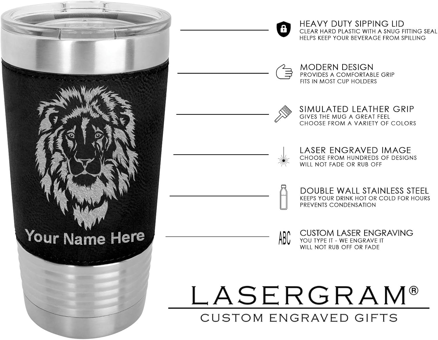 LaserGram Vaso aislado al vacío de 20 onzas, cabeza de caballo 1, grabado personalizado incluido (piel sintética, negro)
